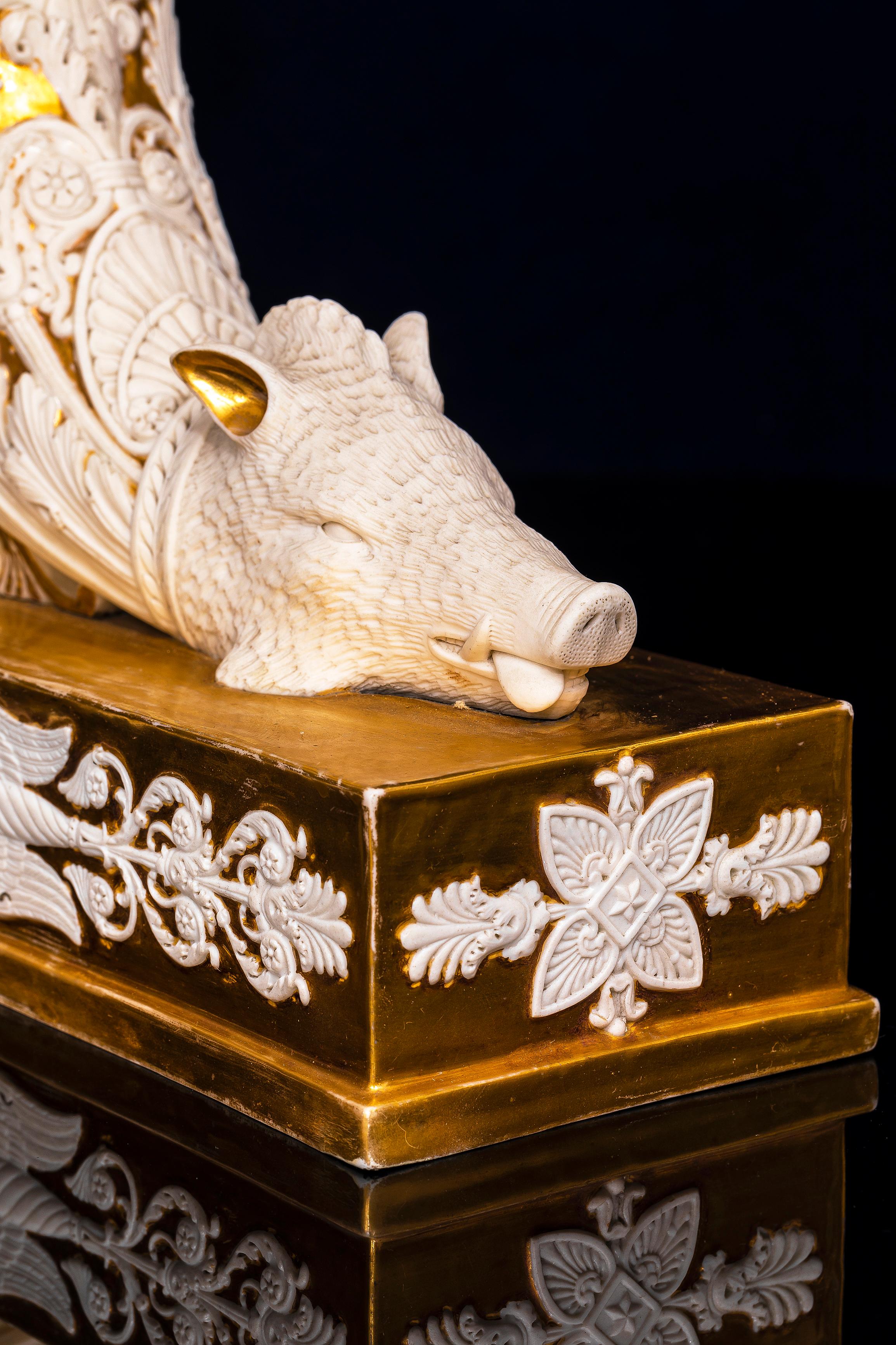 Rare Pair French Empire Rhyton-Form Cornucopia Biscuit and Gilt Porcelain Vases For Sale 6
