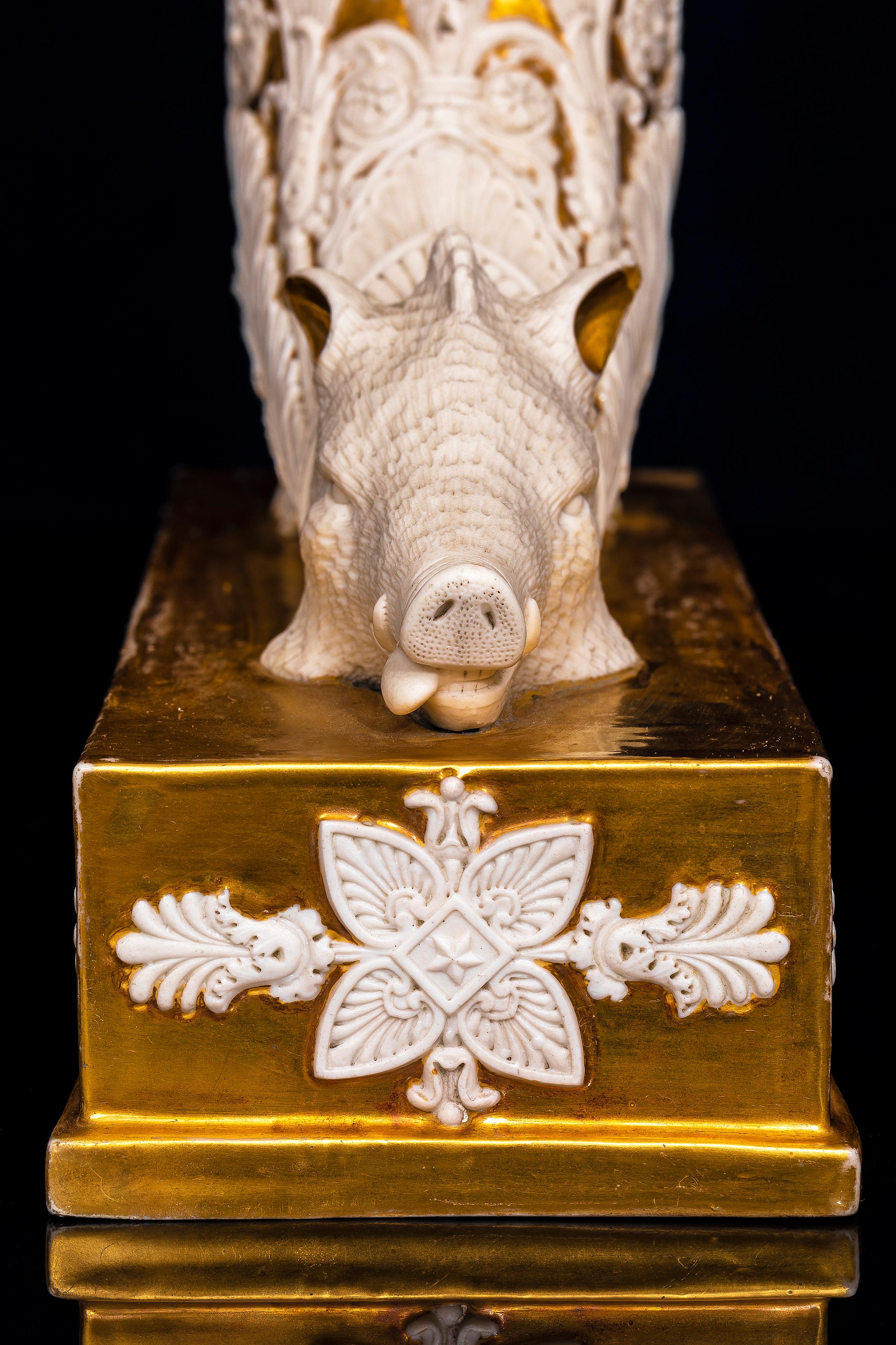 Rare Pair French Empire Rhyton-Form Cornucopia Biscuit and Gilt Porcelain Vases For Sale 7