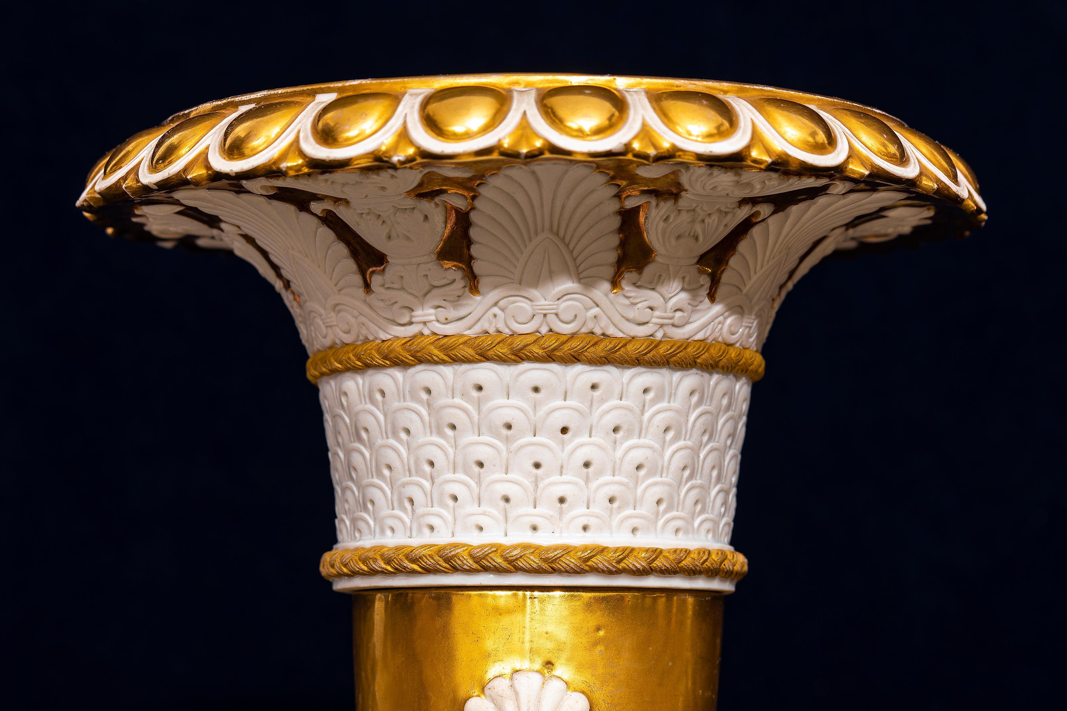 Rare Pair French Empire Rhyton-Form Cornucopia Biscuit and Gilt Porcelain Vases For Sale 8
