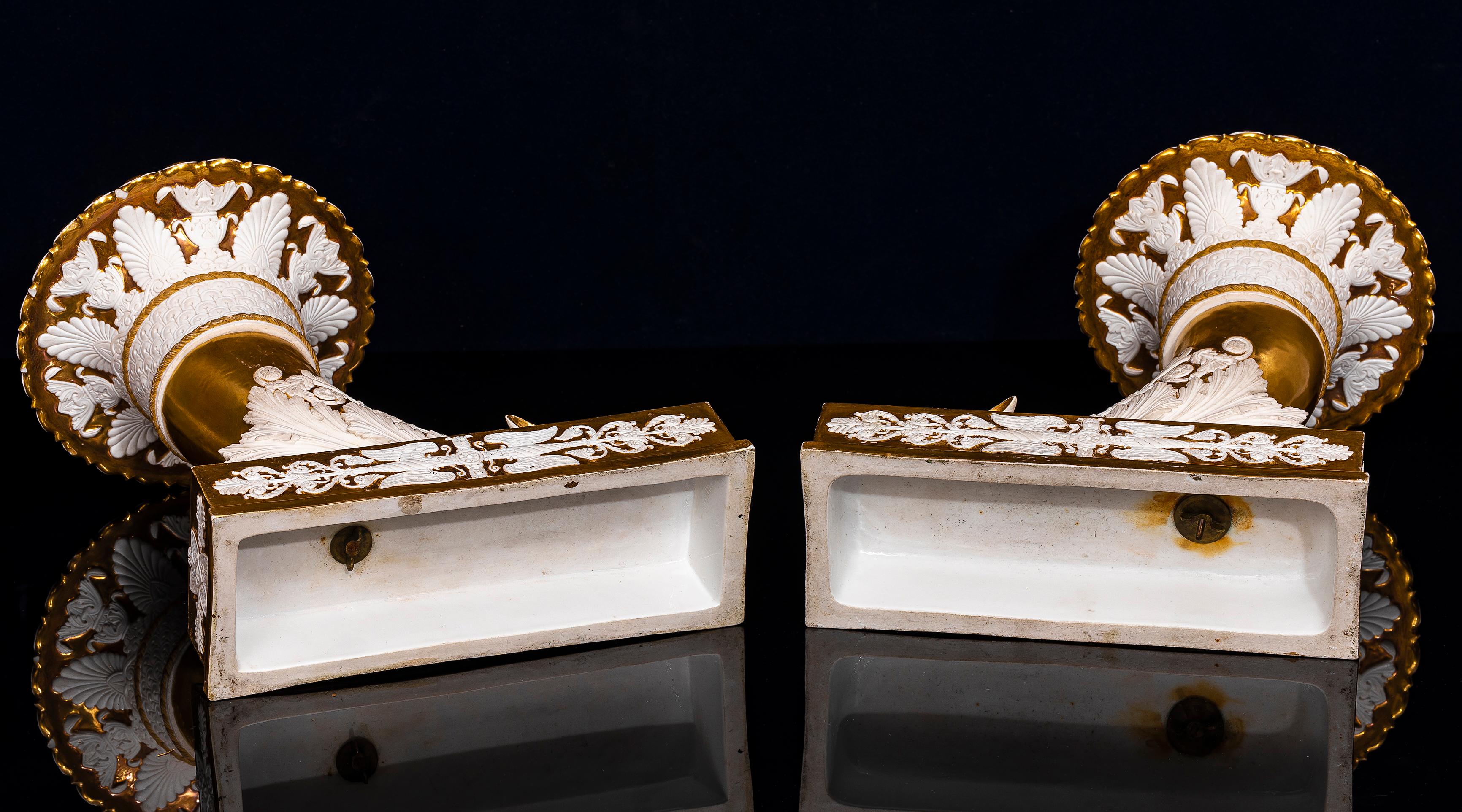 Rare Pair French Empire Rhyton-Form Cornucopia Biscuit and Gilt Porcelain Vases For Sale 10