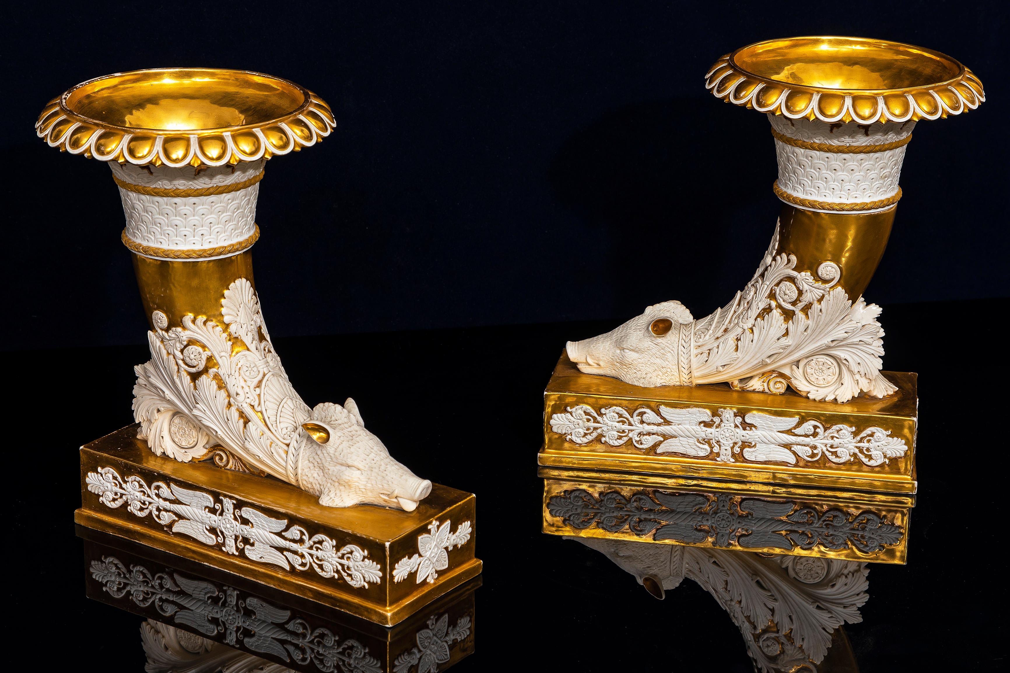 Louis XVI Rare Pair French Empire Rhyton-Form Cornucopia Biscuit and Gilt Porcelain Vases For Sale