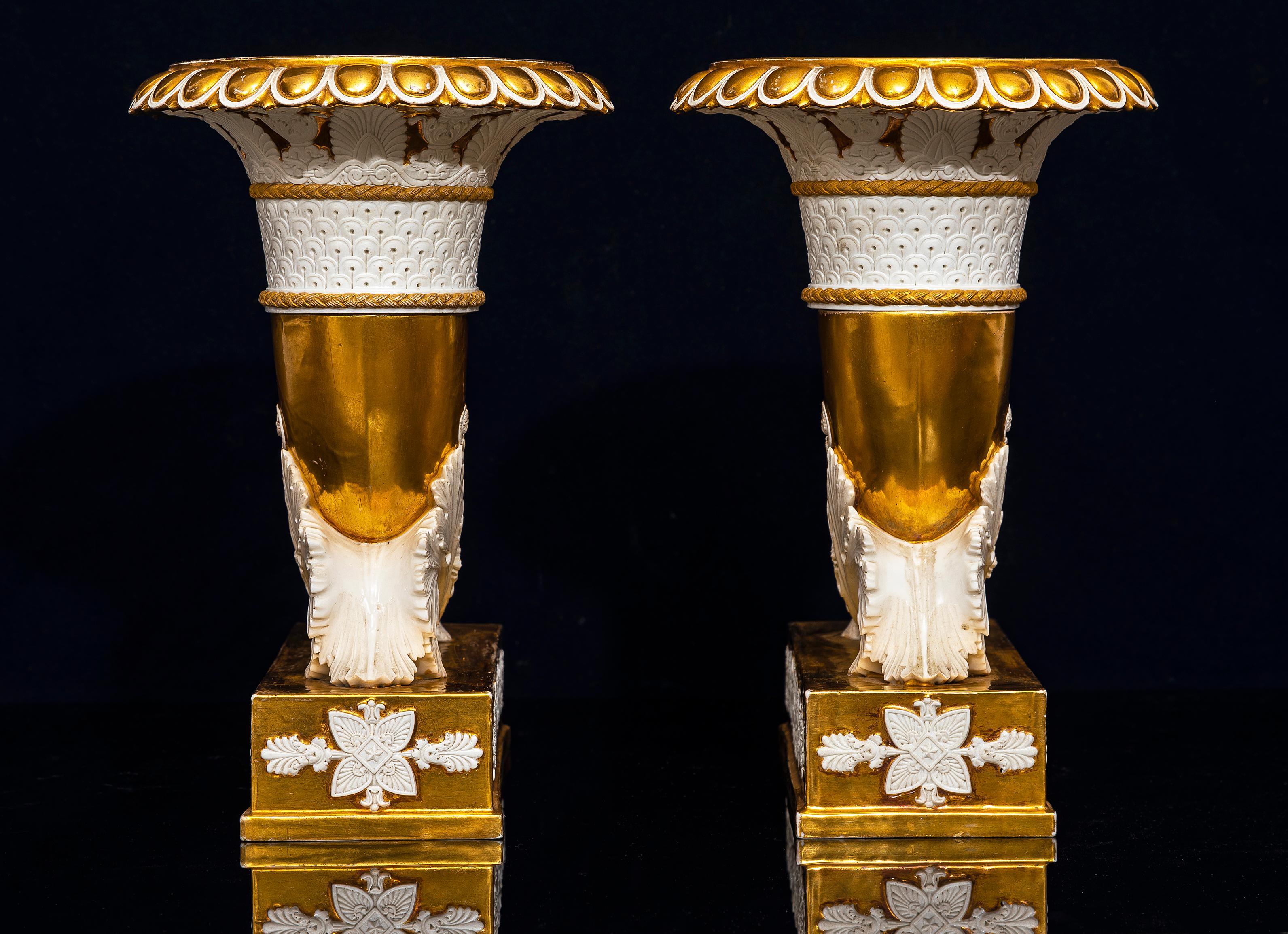 Early 19th Century Rare Pair French Empire Rhyton-Form Cornucopia Biscuit and Gilt Porcelain Vases For Sale