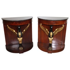 Rare Pair French Gilded Swan Empire Marble Top Console Tables, circa 1860s