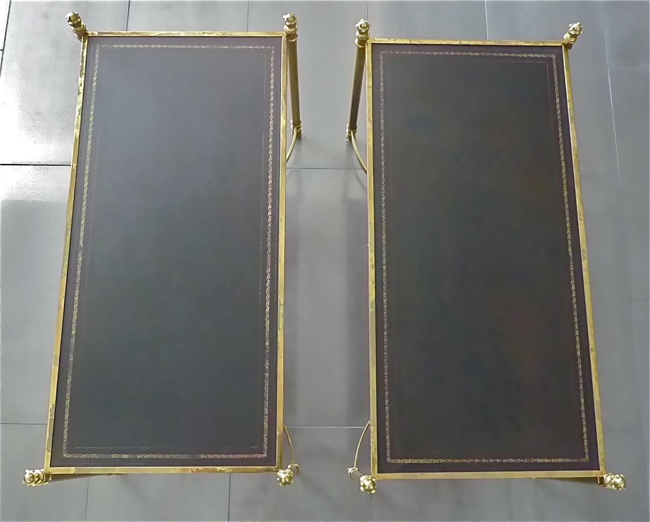 Rare Pair French Maison Jansen Side Sofa Tables Gilt Brass Leather 1950s Bagues 8