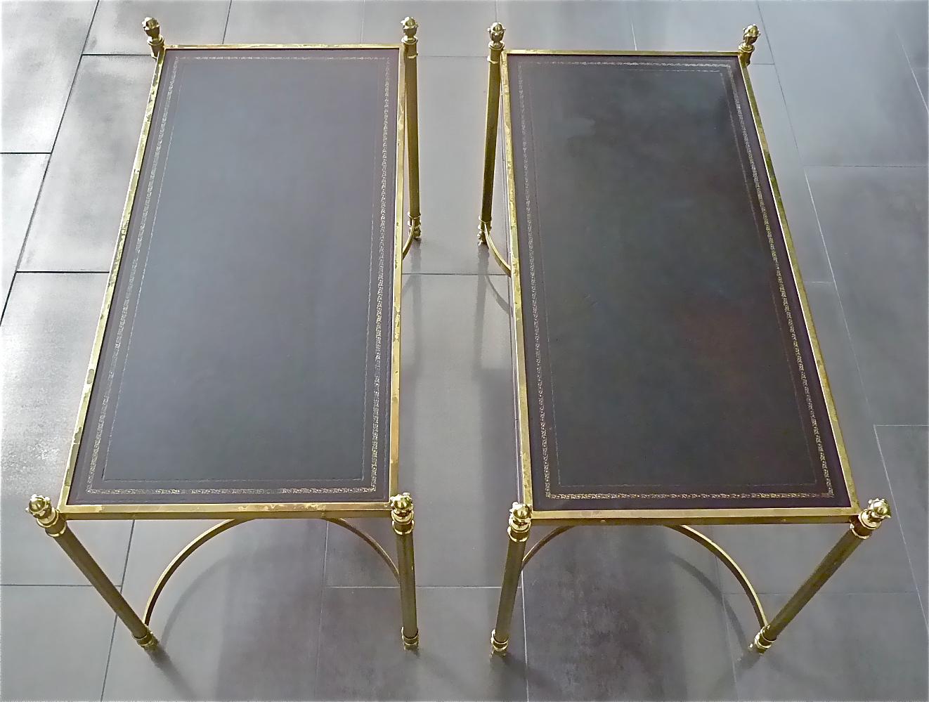 Rare Pair French Maison Jansen Side Sofa Tables Gilt Brass Leather 1950s Bagues 9