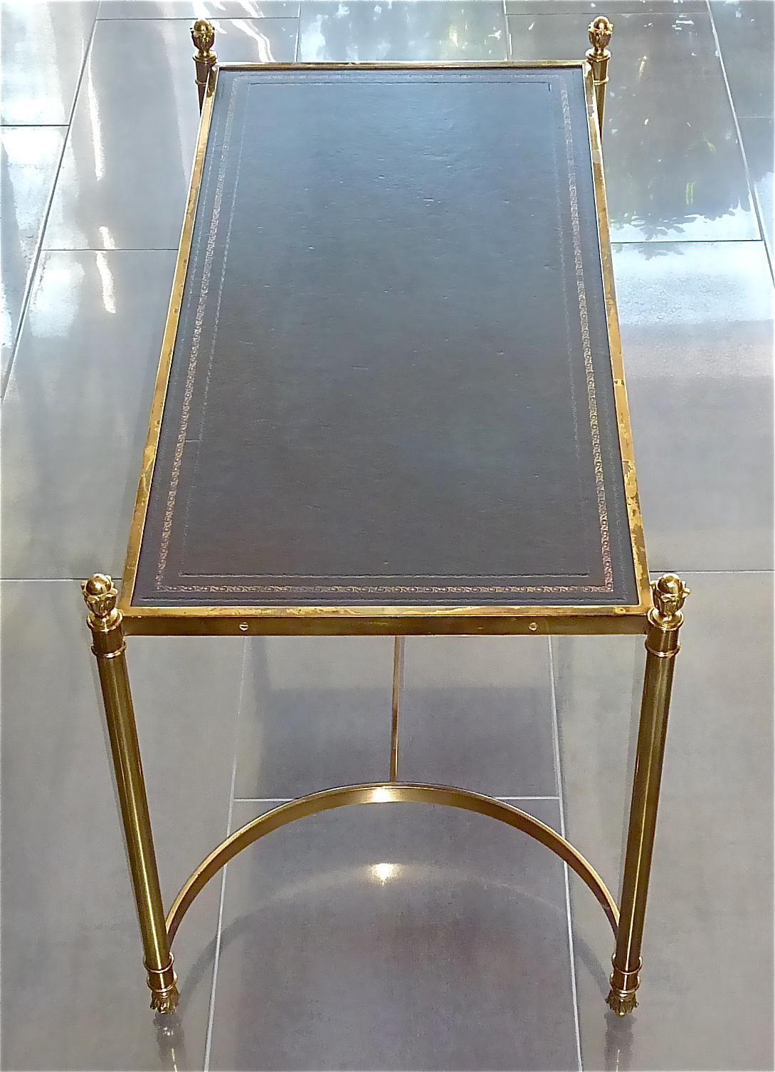 Rare Pair French Maison Jansen Side Sofa Tables Gilt Brass Leather 1950s Bagues 11