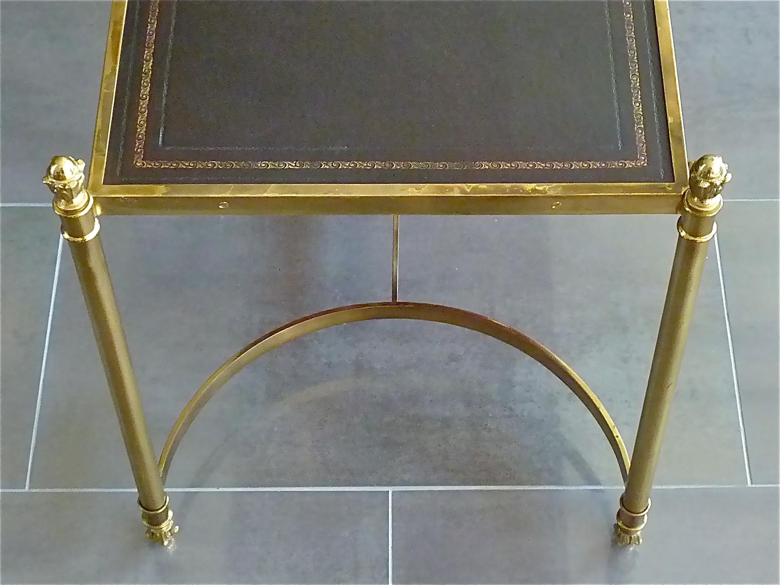 Rare Pair French Maison Jansen Side Sofa Tables Gilt Brass Leather 1950s Bagues 12