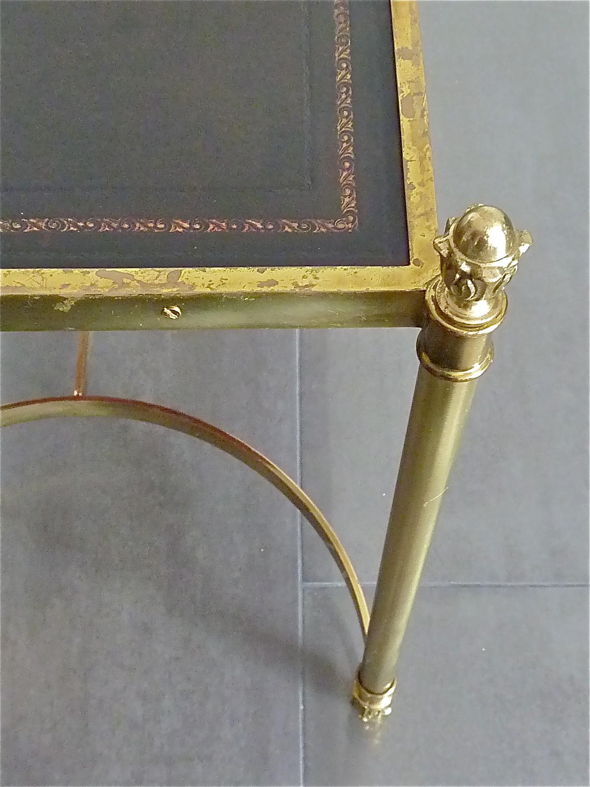 Rare Pair French Maison Jansen Side Sofa Tables Gilt Brass Leather 1950s Bagues 13