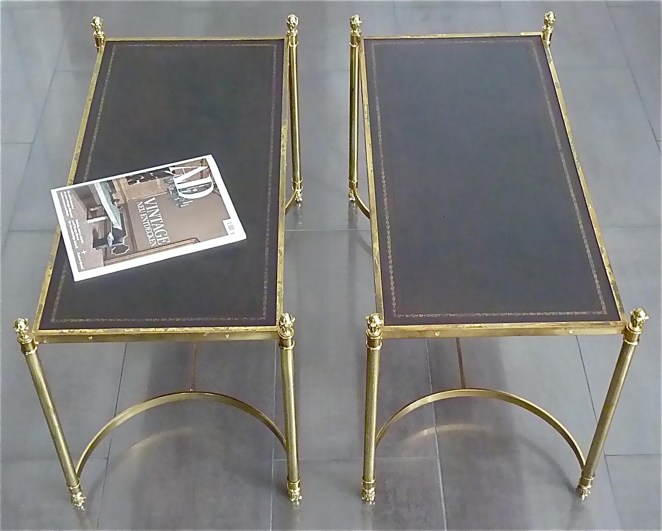 Rare Pair French Maison Jansen Side Sofa Tables Gilt Brass Leather 1950s Bagues 15