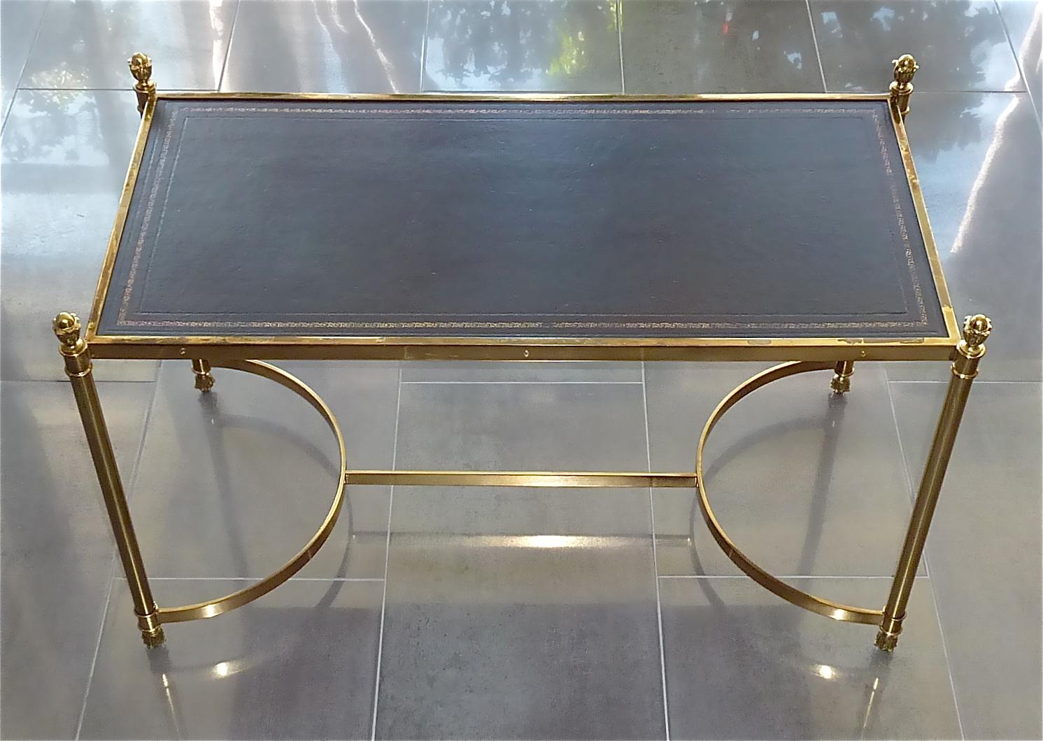 Rare Pair French Maison Jansen Side Sofa Tables Gilt Brass Leather 1950s Bagues 2