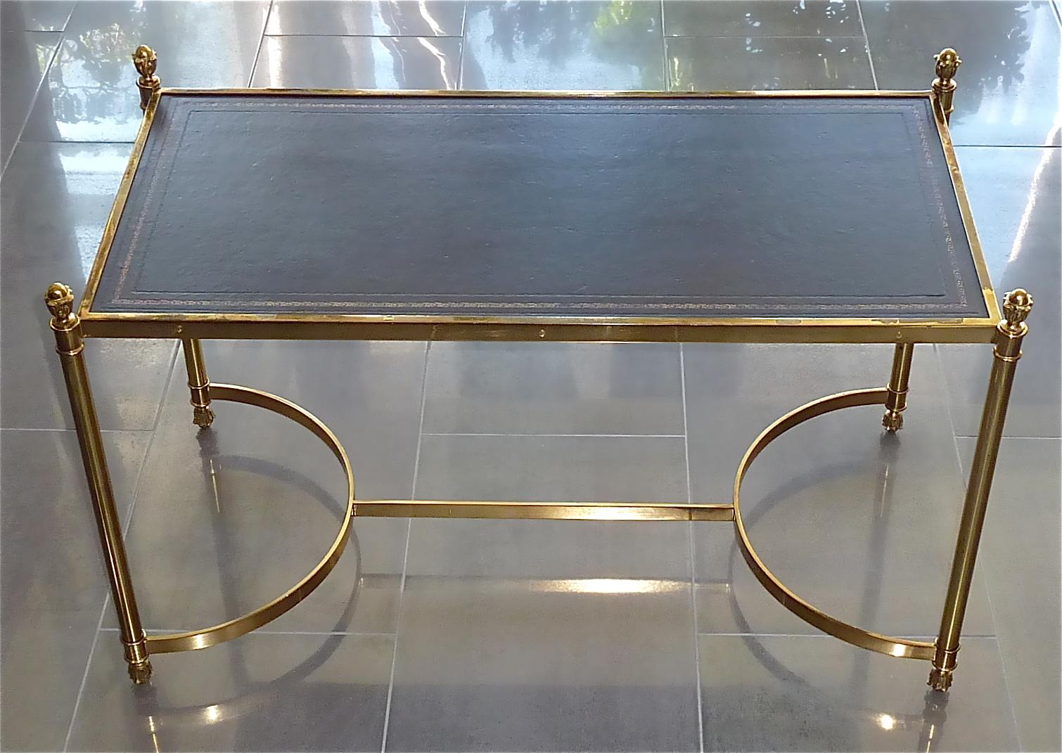 Rare Pair French Maison Jansen Side Sofa Tables Gilt Brass Leather 1950s Bagues 3