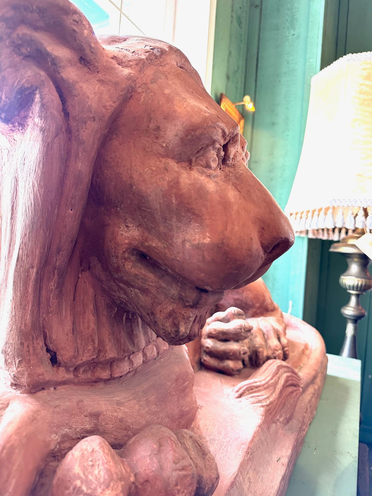 Rare Pair French Retour D'egypt Terracotta Lions Sculptures Statues Los Angeles For Sale 4