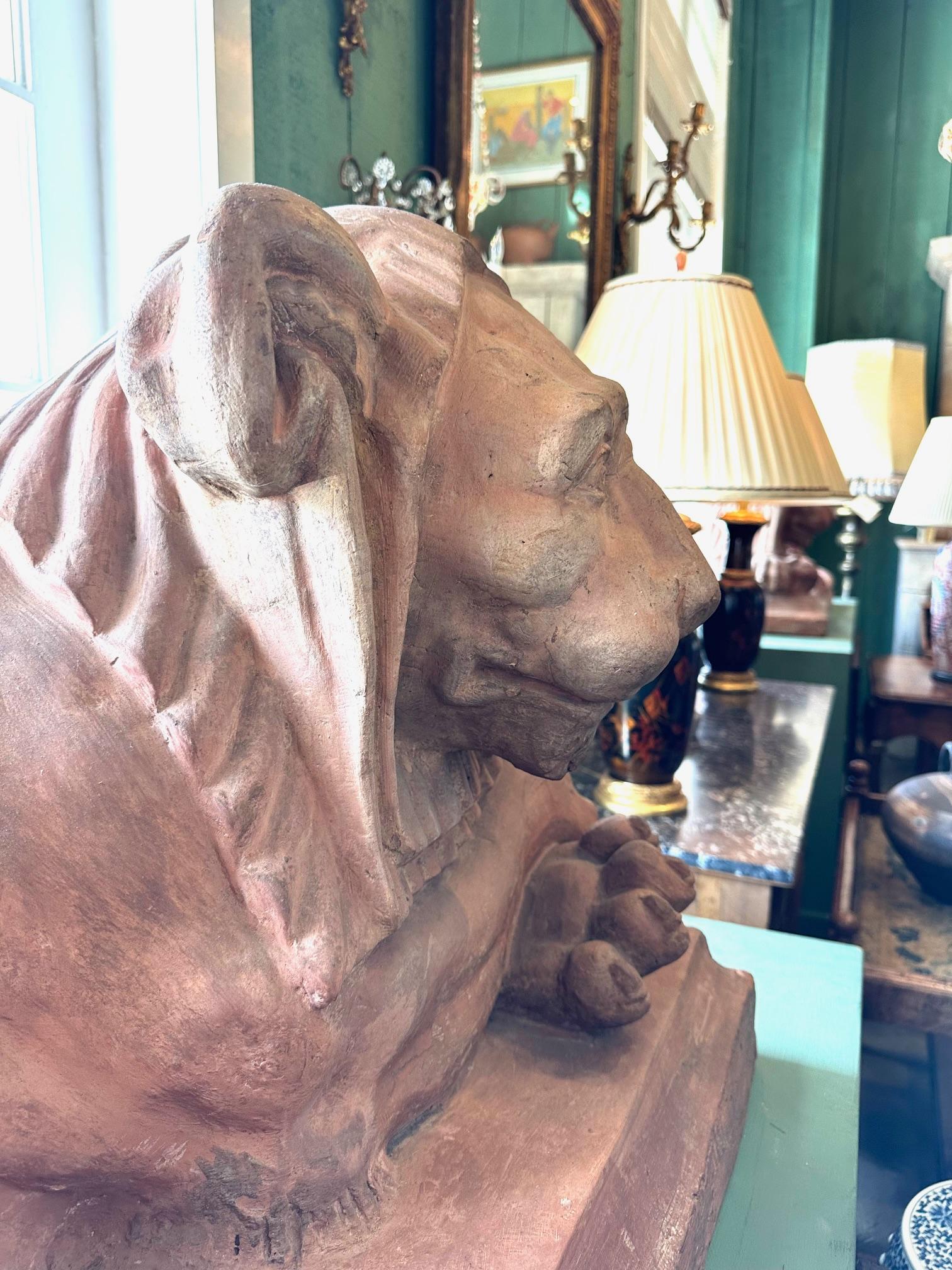 Rare Pair French Retour D'egypt Terracotta Lions Sculptures Statues Los Angeles For Sale 6