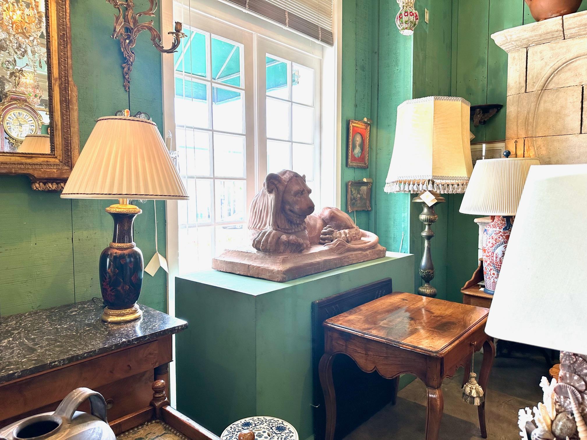 Rare Pair French Retour D'egypt Terracotta Lions Sculptures Statues Los Angeles For Sale 8