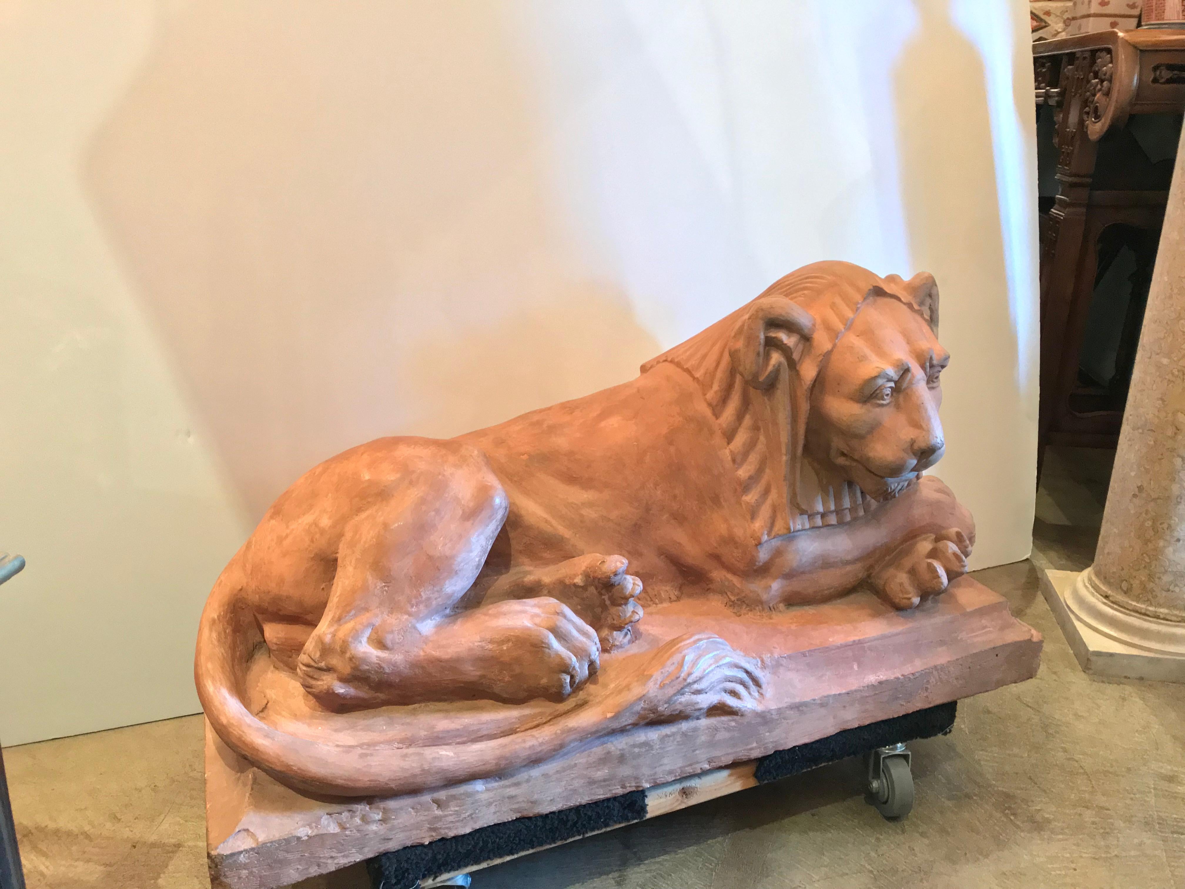 Rare Pair French Retour D'egypt Terracotta Lions Sculptures Statues Los Angeles For Sale 12