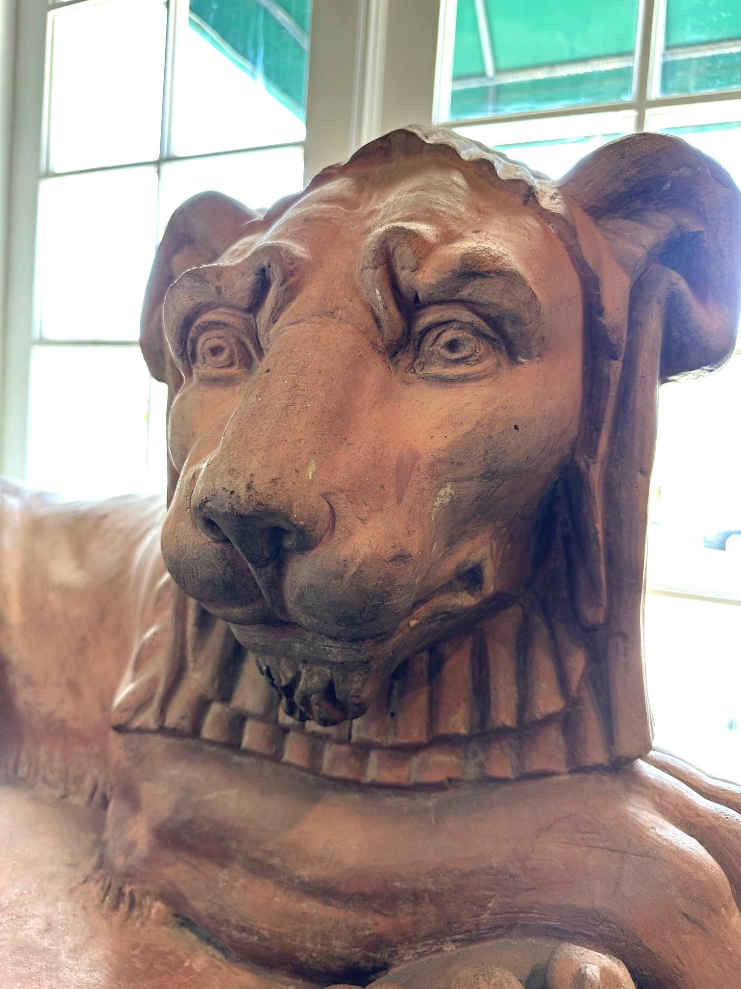 Rare Pair French Retour D'egypt Terracotta Lions Sculptures Statues Los Angeles For Sale 11