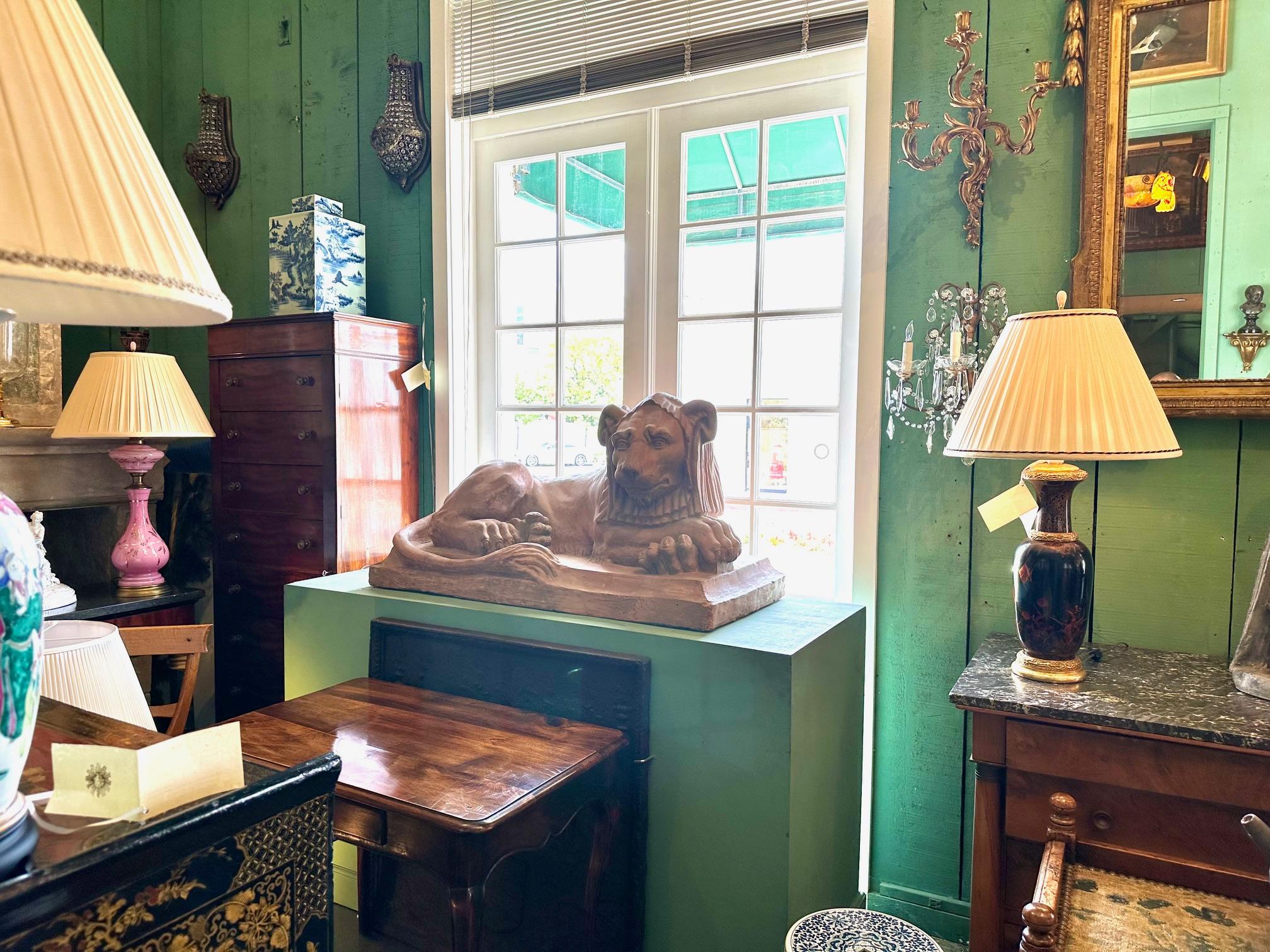Rare Pair French Retour D'egypt Terracotta Lions Sculptures Statues Los Angeles , Exceptional fine pair of Large French Retour D'egypt period terracotta lions, circa 1790-1810. The French Egyptian Revival style or the retour d'Egypte refers to style