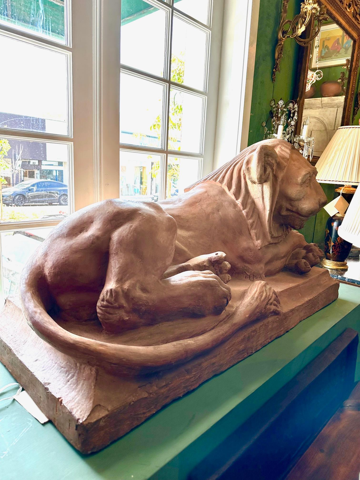 Empire Rare Pair French Retour D'egypt Terracotta Lions Sculptures Statues Los Angeles For Sale