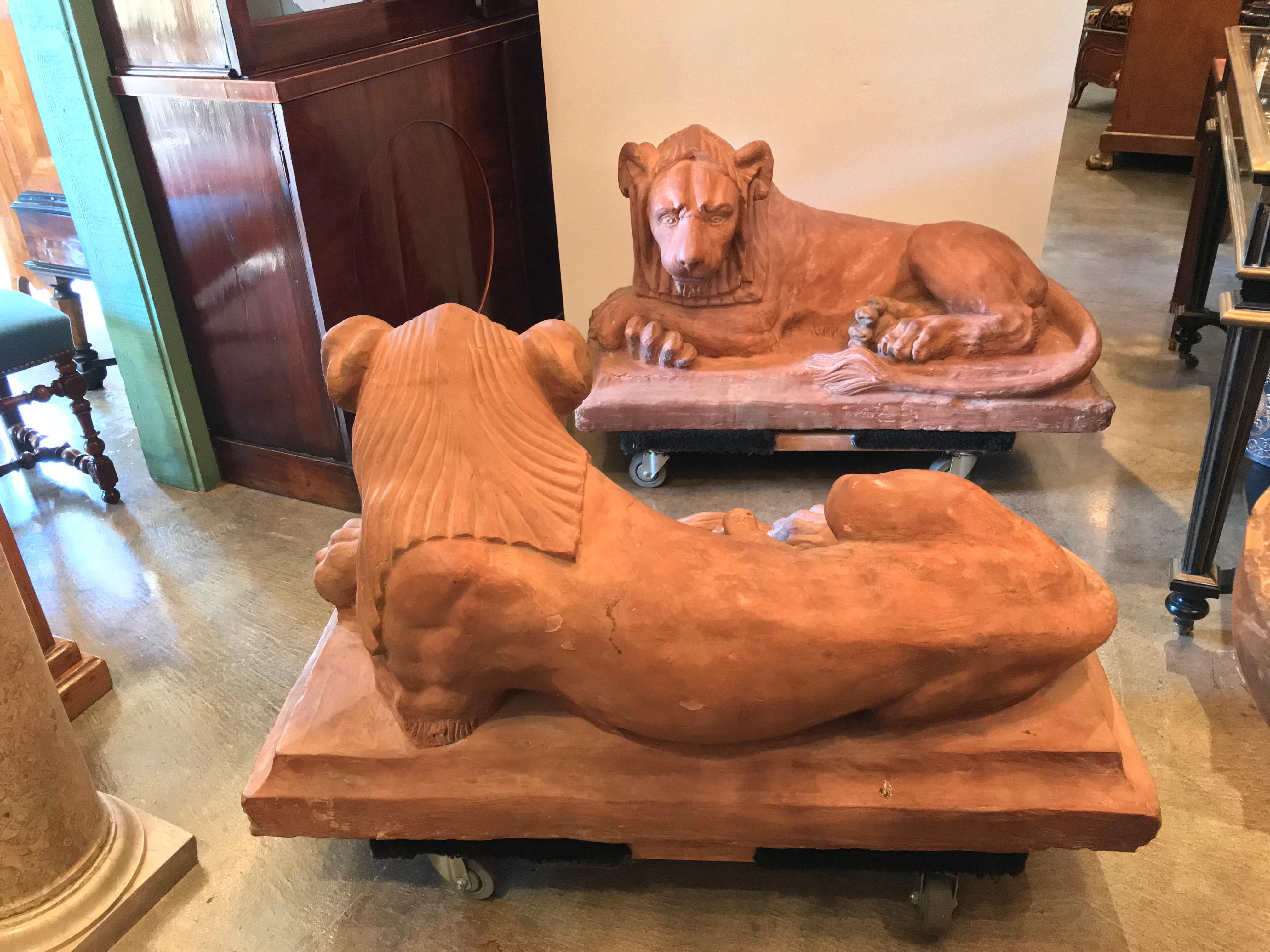 18th Century Rare Pair French Retour D'egypt Terracotta Lions Sculptures Statues Los Angeles For Sale