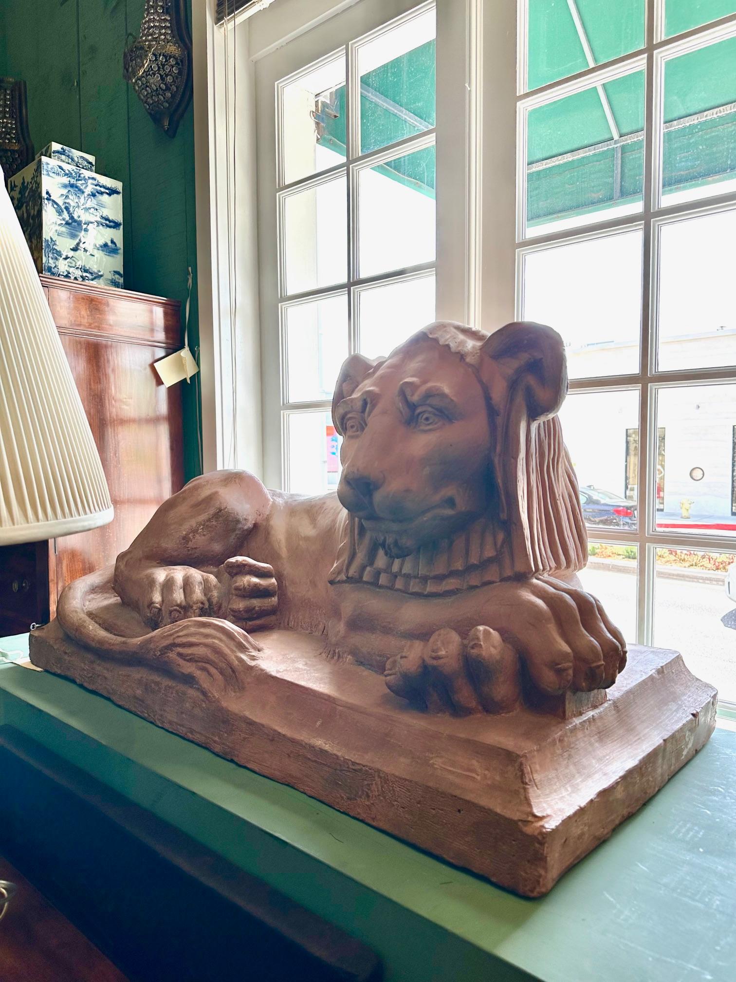 Rare Pair French Retour D'egypt Terracotta Lions Sculptures Statues Los Angeles In Good Condition For Sale In West Hollywood, CA