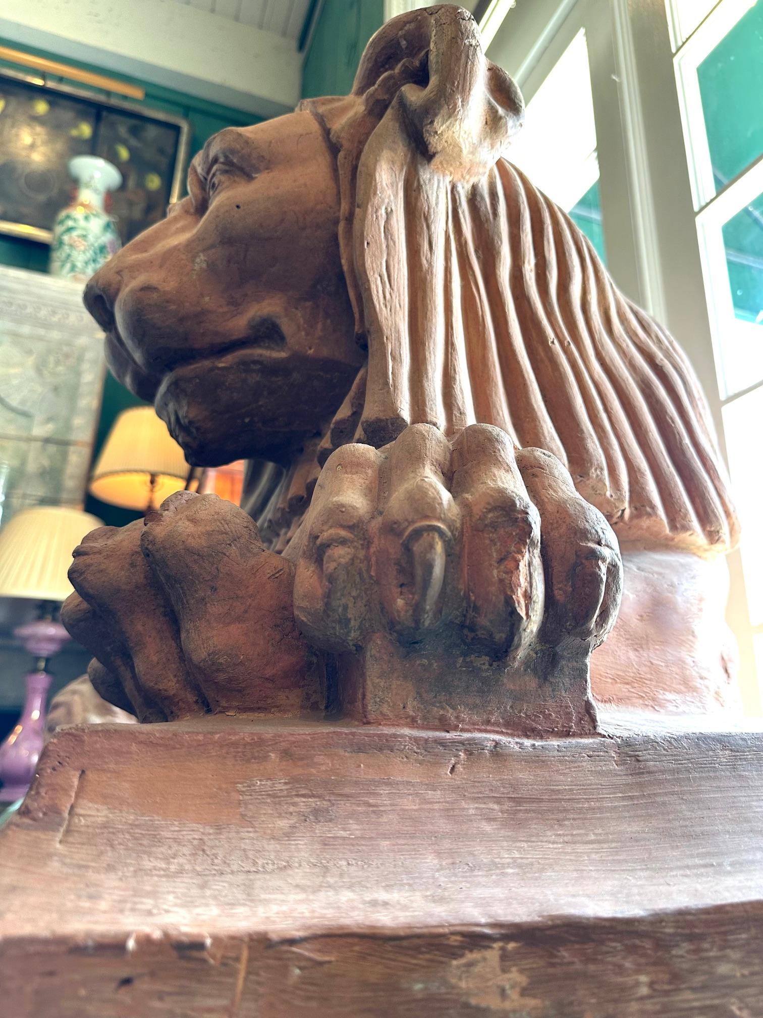Rare Pair French Retour D'egypt Terracotta Lions Sculptures Statues Los Angeles For Sale 1