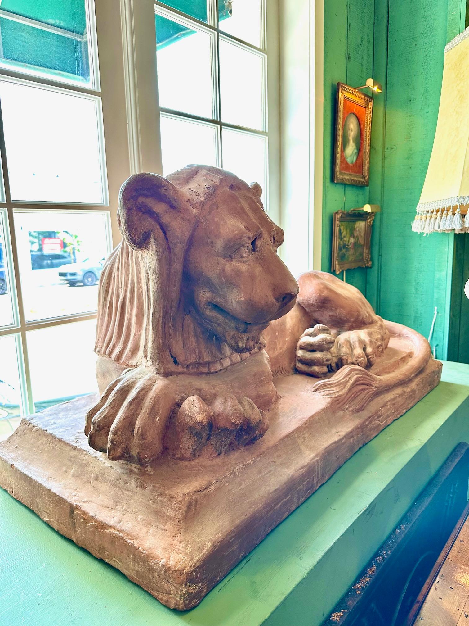 Rare Pair French Retour D'egypt Terracotta Lions Sculptures Statues Los Angeles For Sale 3