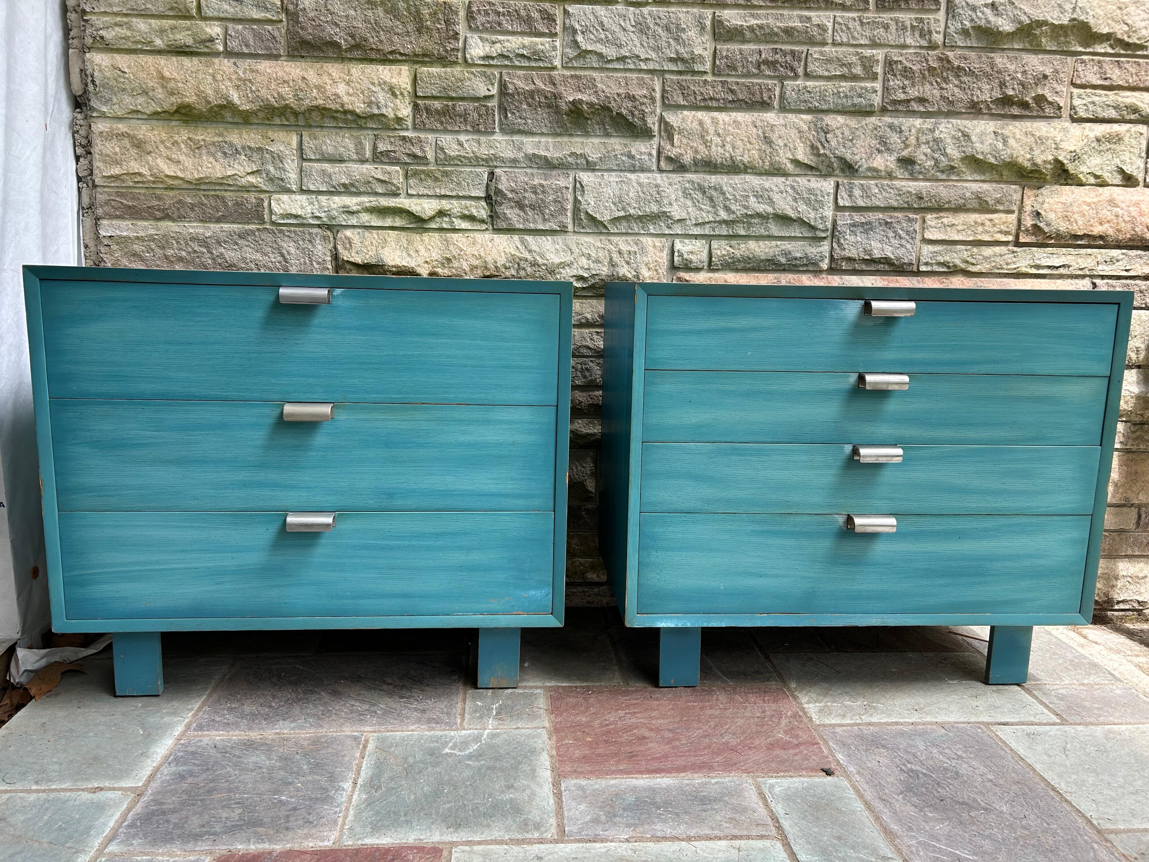 Rare pair of original turquoise finish George Nelson bachelors chests.  We have never seen another piece of George Nelson for Herman Miller done in this finish-might have been custom.  It does have some wear to the finish around some of the pulls