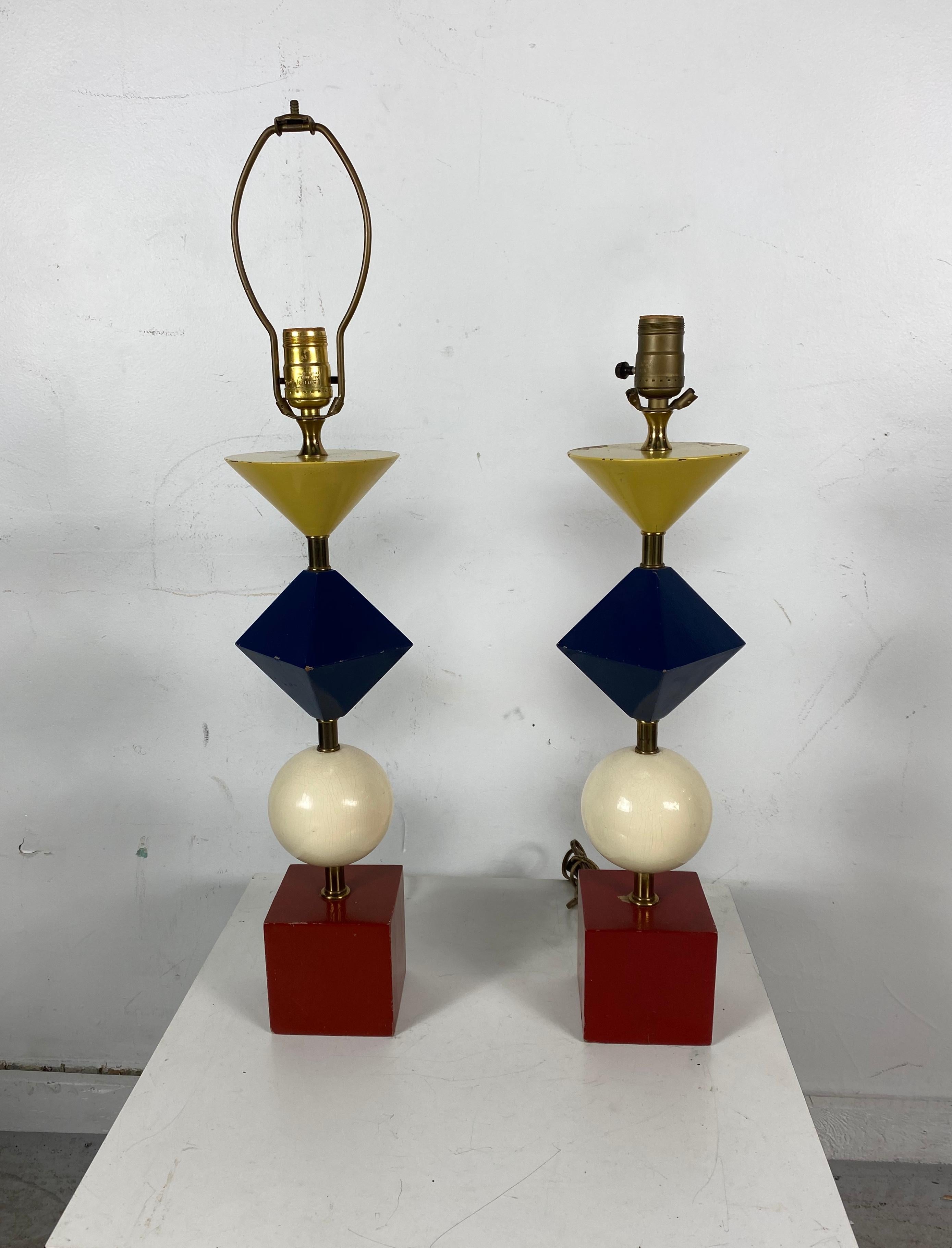 Mid-Century Modern Rare Pair of Gerald Thurston, Lightolier Table Lamps, Painted Wood Shapes