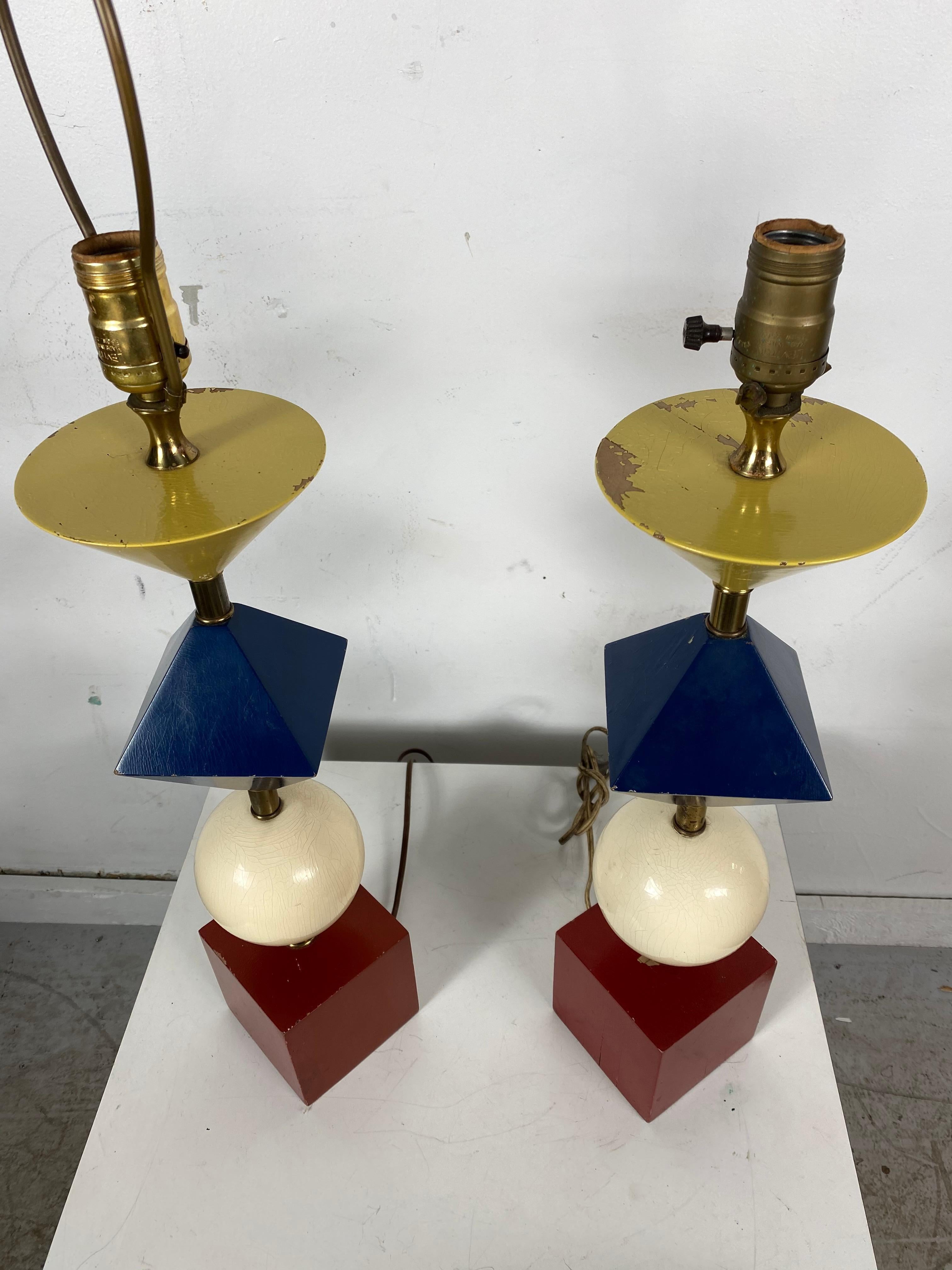 American Rare Pair of Gerald Thurston, Lightolier Table Lamps, Painted Wood Shapes
