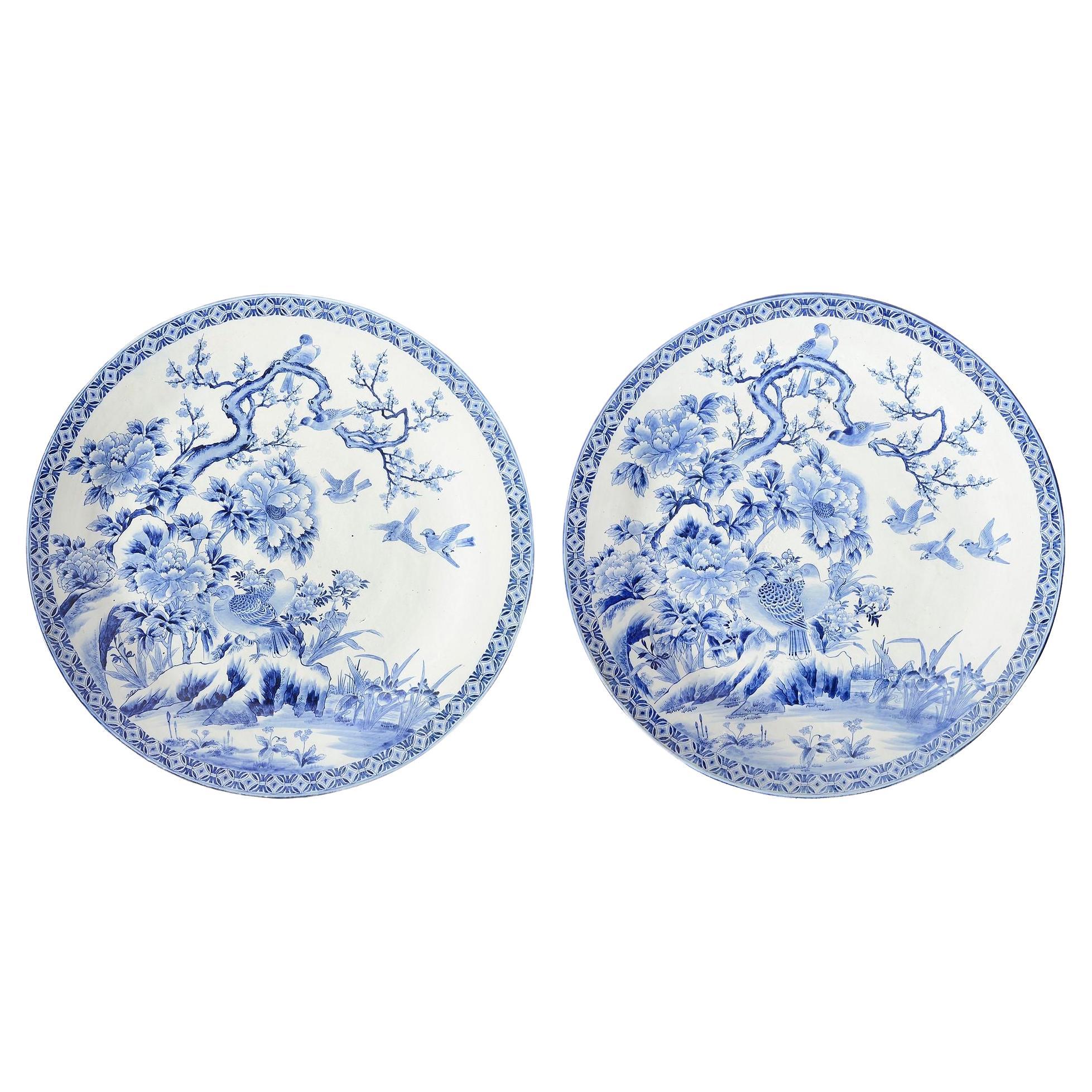 Rare pair Japanese Blue and White chargers. 75cm(29.5") diameter For Sale