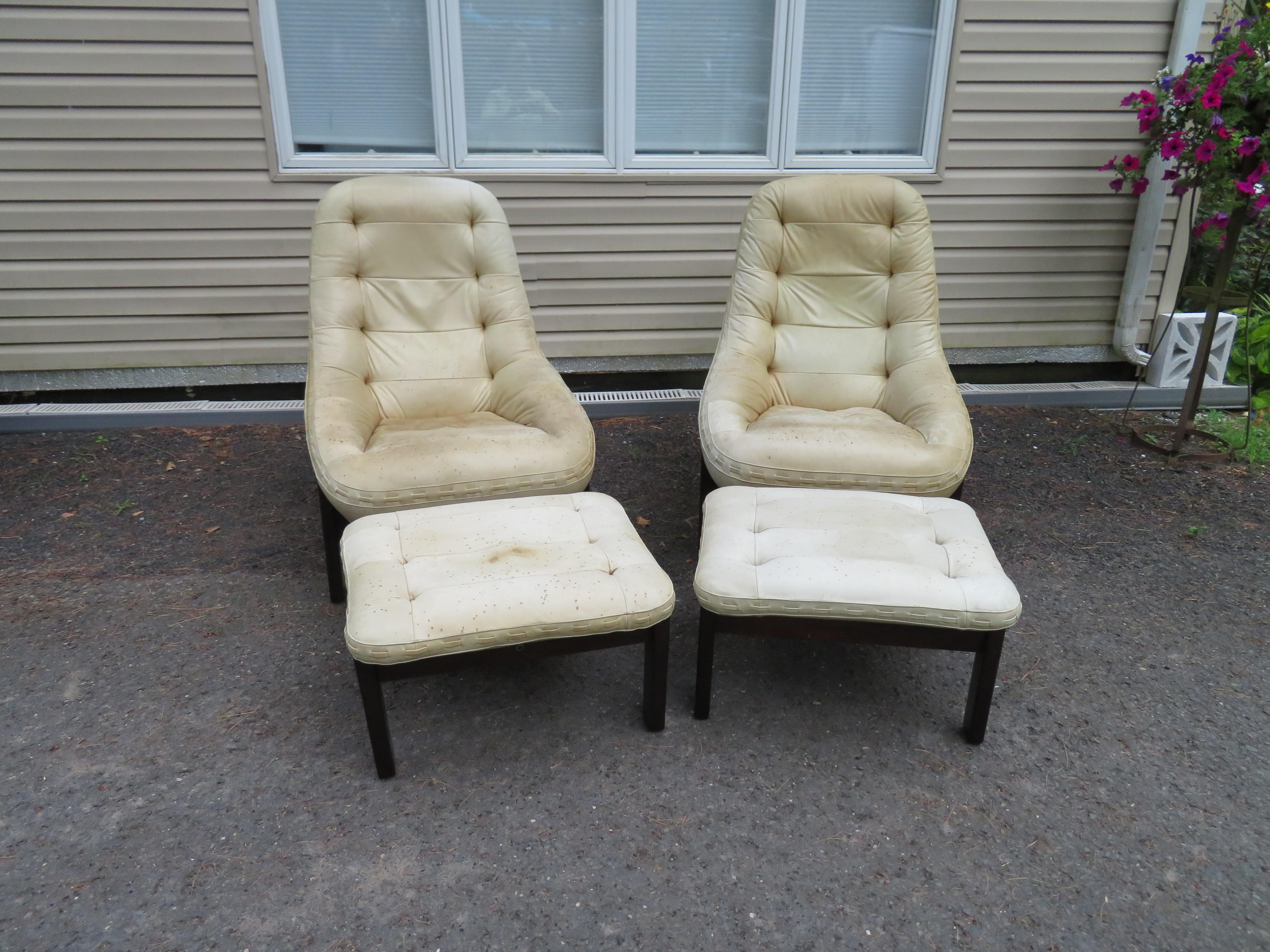 Rare paire de fauteuils de salon Jean Gillon en cuir de bois de rose, pouf et pouf Probel Brésil en vente 10