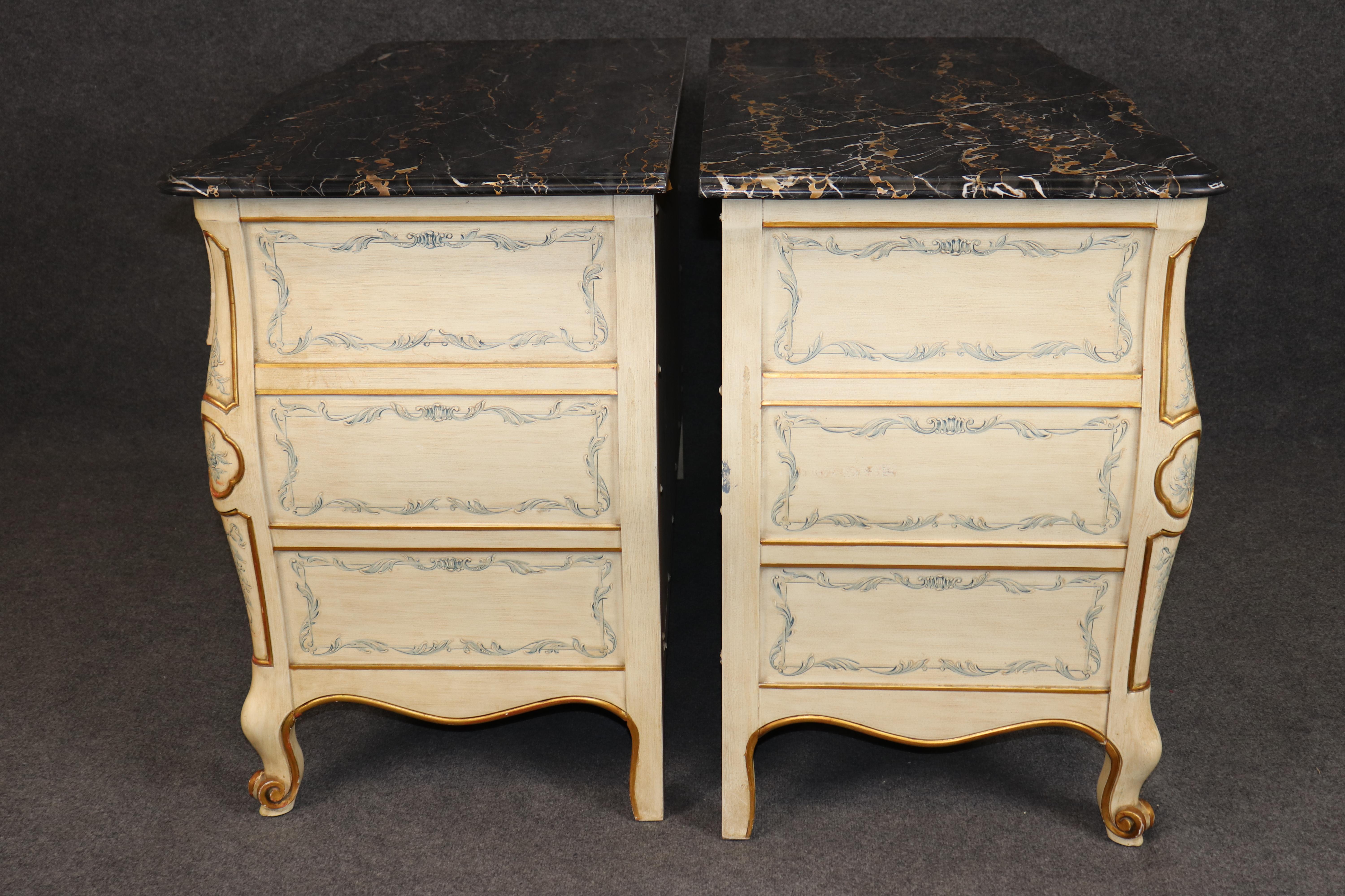 Mid-20th Century Rare Pair John Widdicomb Venetian Paint Decorated Marble Top Commodes Dressers For Sale