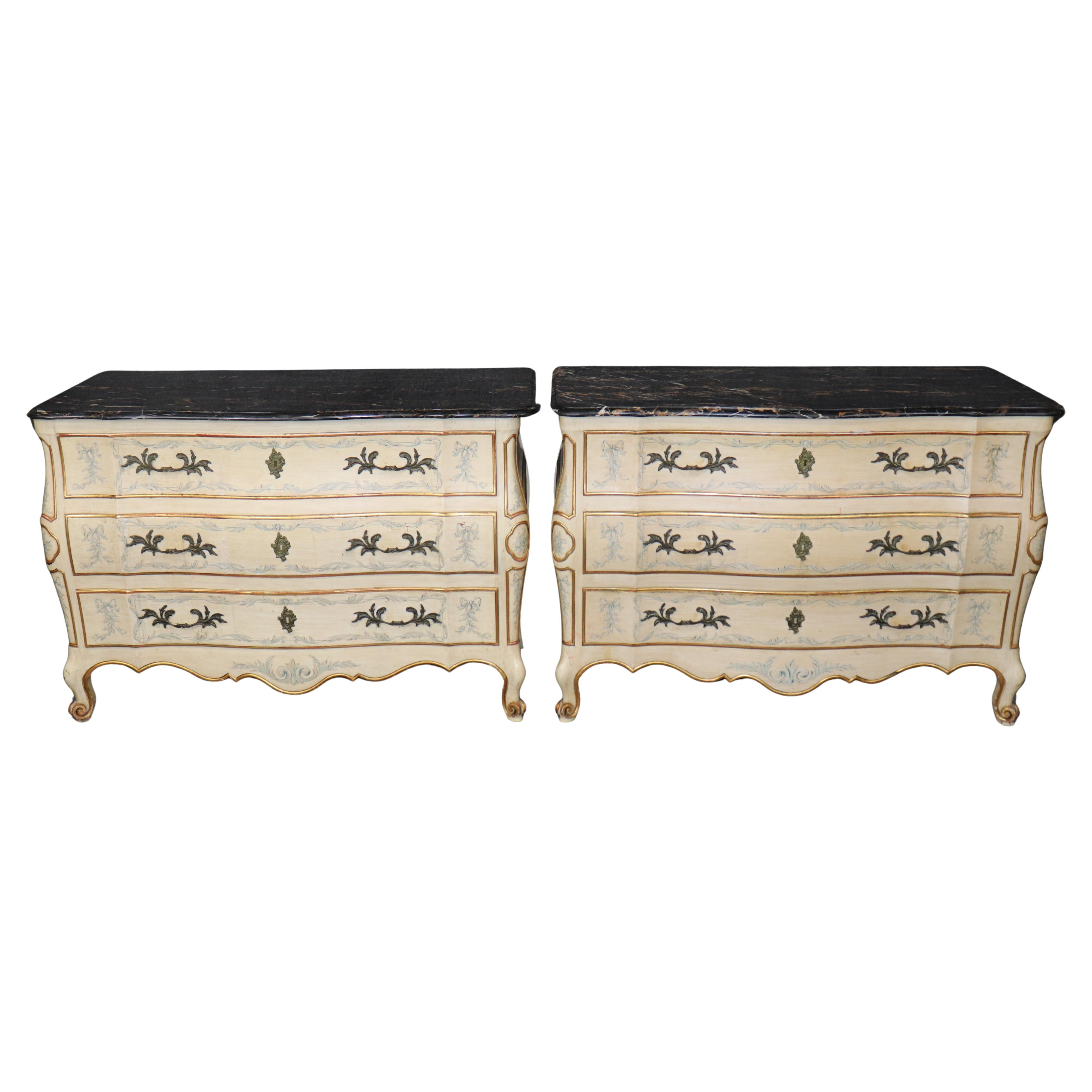 Rare Pair John Widdicomb Venetian Paint Decorated Marble Top Commodes Dressers For Sale