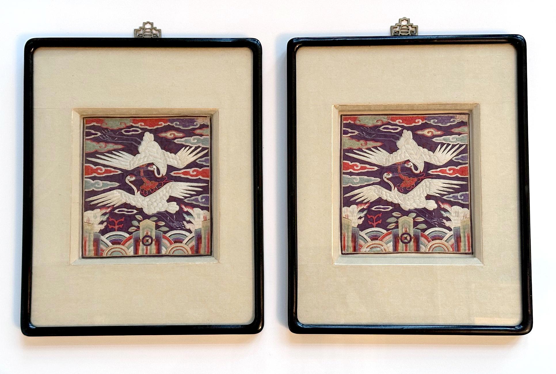 A pair of fine Korean silk embroidered rank badge (Hyungbae in Korean) from Joseon Dynasty circa late 19th century. A matching pair of Hyungbae like these is rare, especially when they have been well preserved. The badges feature a design of double
