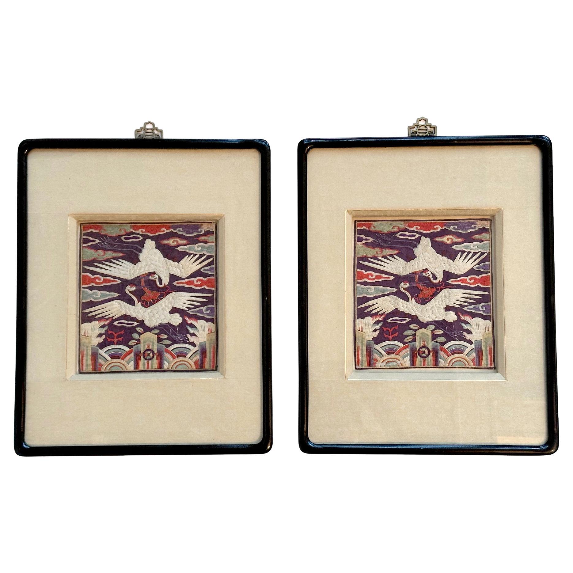 Rare Pair Korean Embroidery Civil Rank Badges Joseon Dynasty