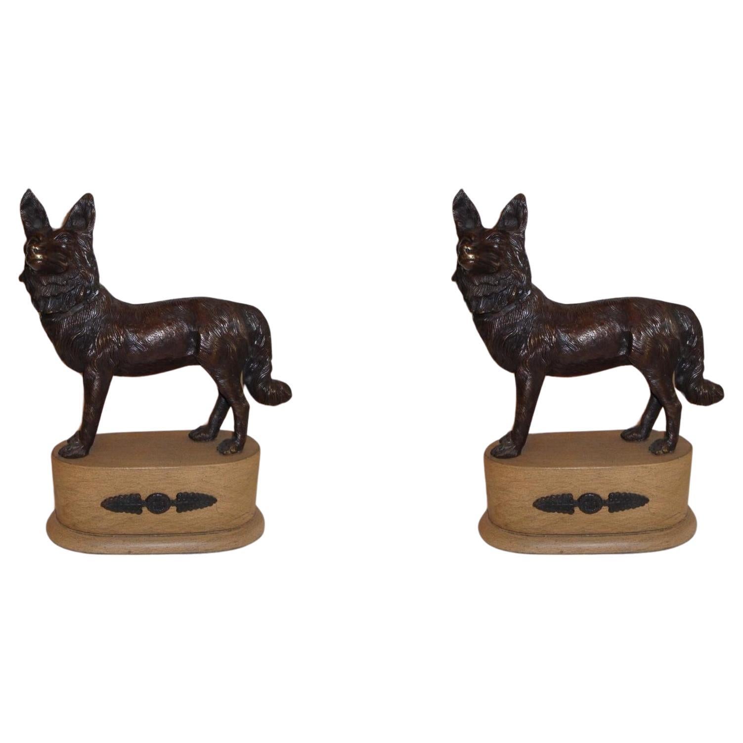 Pareja Rara Gran Escultura de Bronce de Perro Galgo / Tope de Puerta Base de madera