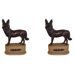 Rare Pair Large Bronze Greyhound Dog Statue Sculpture / Door Stopper Wooden base
