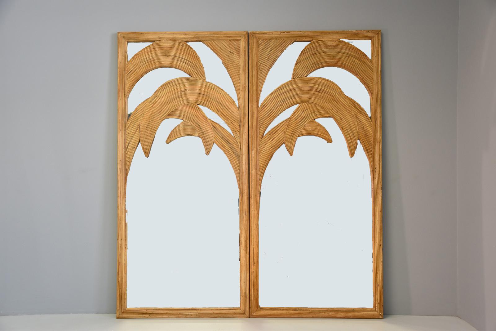 Italian Rare Pair Large Rattan Bamboo Mirror by Vivai del Sud Roma, 1970s For Sale