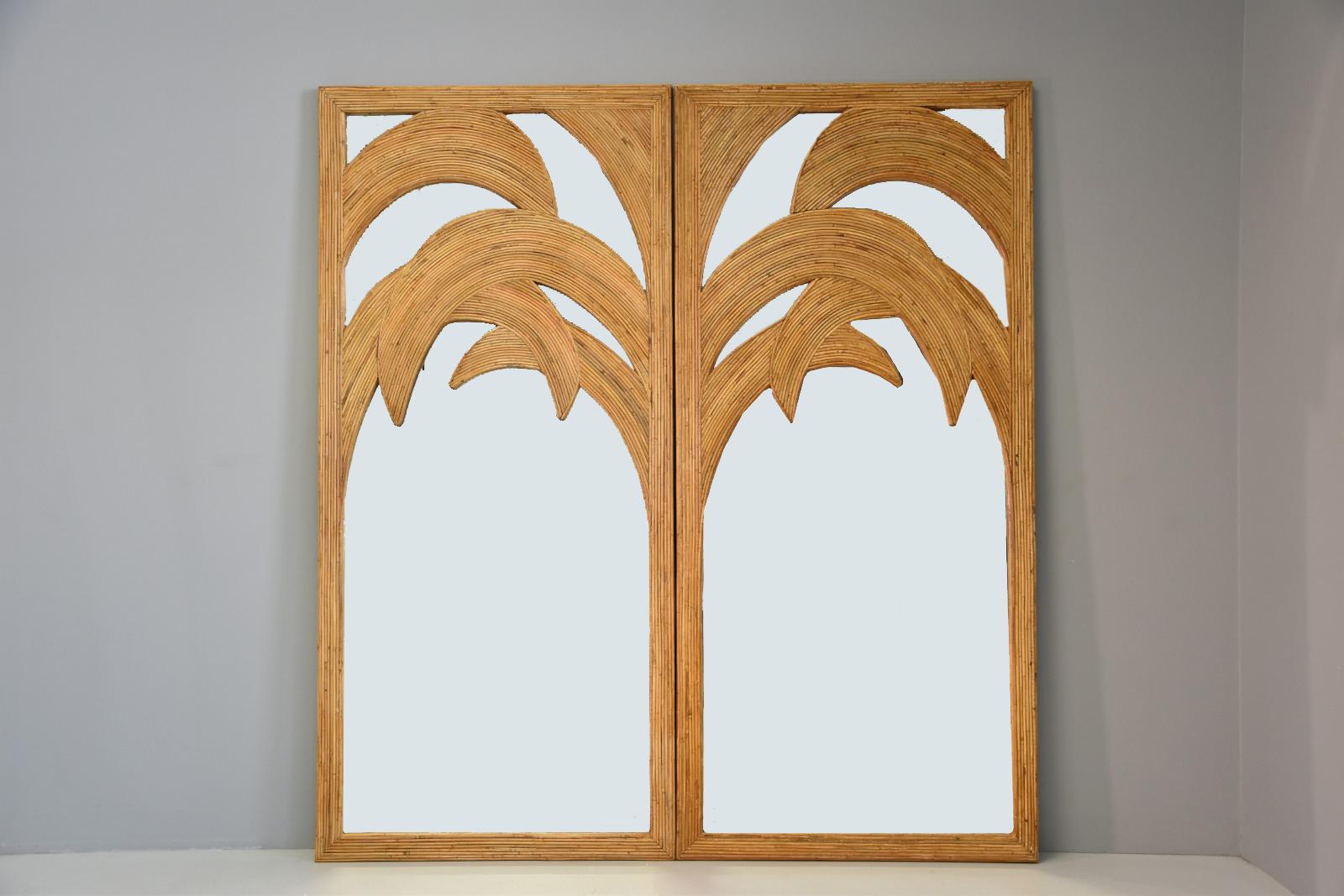 20th Century Rare Pair Large Rattan Bamboo Mirror by Vivai del Sud Roma, 1970s For Sale