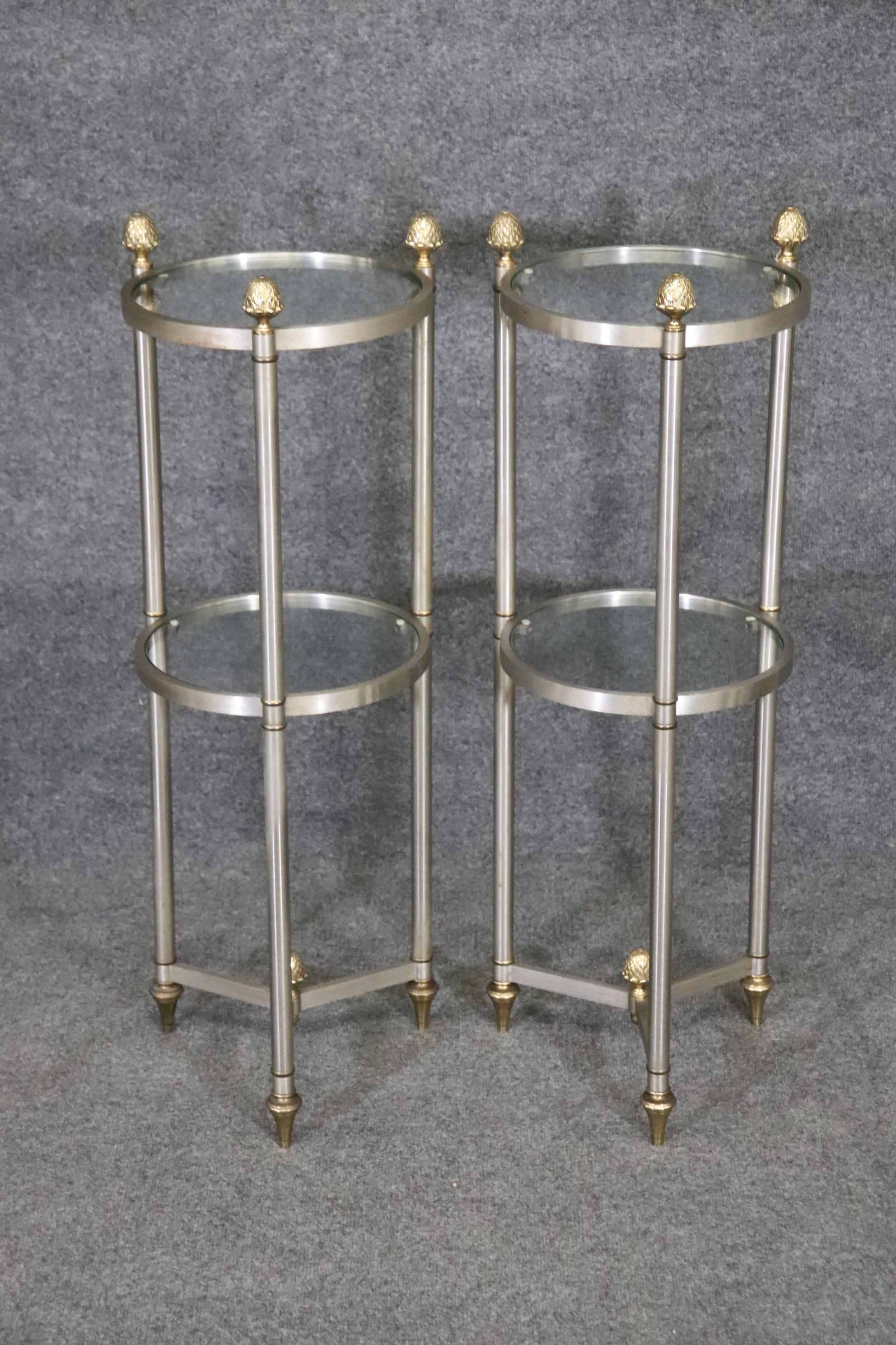 Directoire Rare Pair Maison Style Cylindrical Metal Brass Glass Two Tier End Tables For Sale
