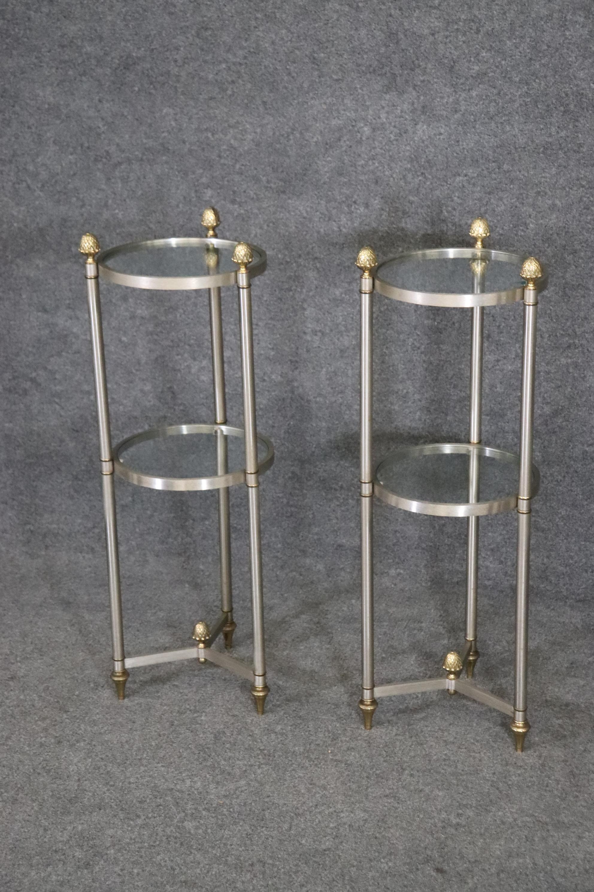 European Rare Pair Maison Style Cylindrical Metal Brass Glass Two Tier End Tables For Sale