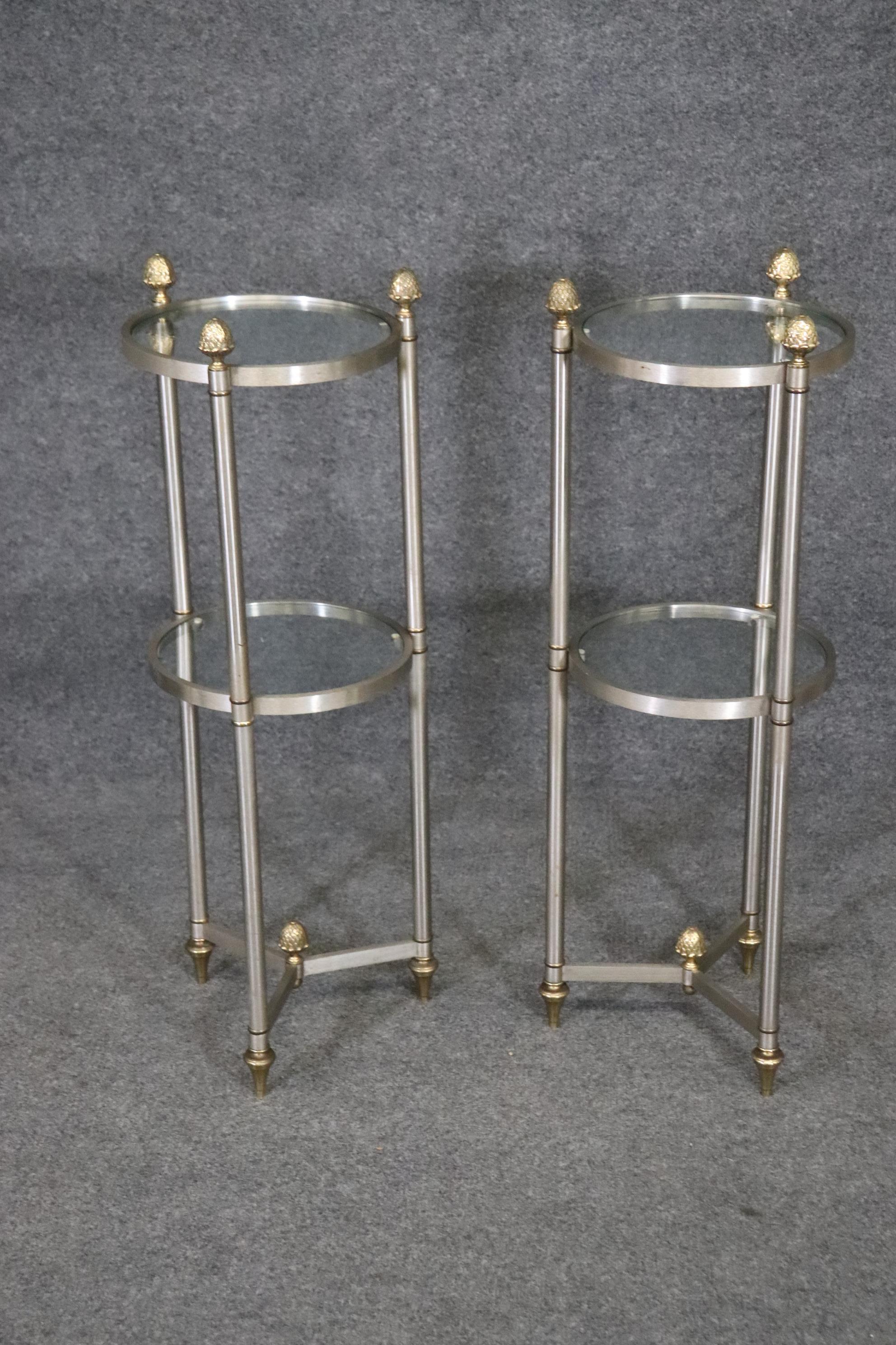 Rare Pair Maison Style Cylindrical Metal Brass Glass Two Tier End Tables In Good Condition For Sale In Swedesboro, NJ