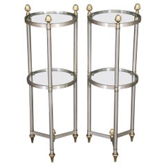 Rare Pair Maison Style Cylindrical Metal Brass Glass Two Tier End Tables