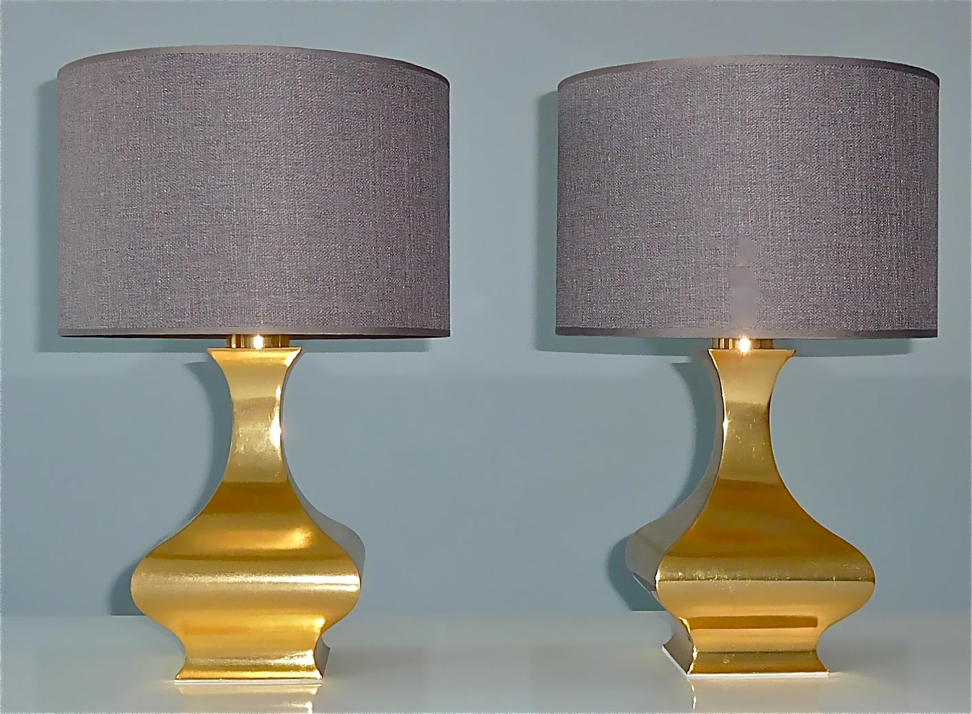French Rare Pair Maria Pergay Midcentury Table Lamps Gilt Brass Steel Metal France 1970 For Sale