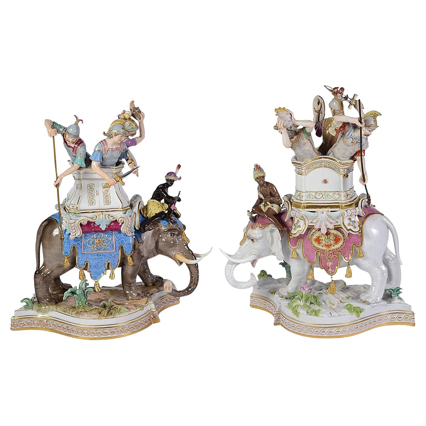 Rare pair Meissen Elephants, depicting Alexander the Great C19th.