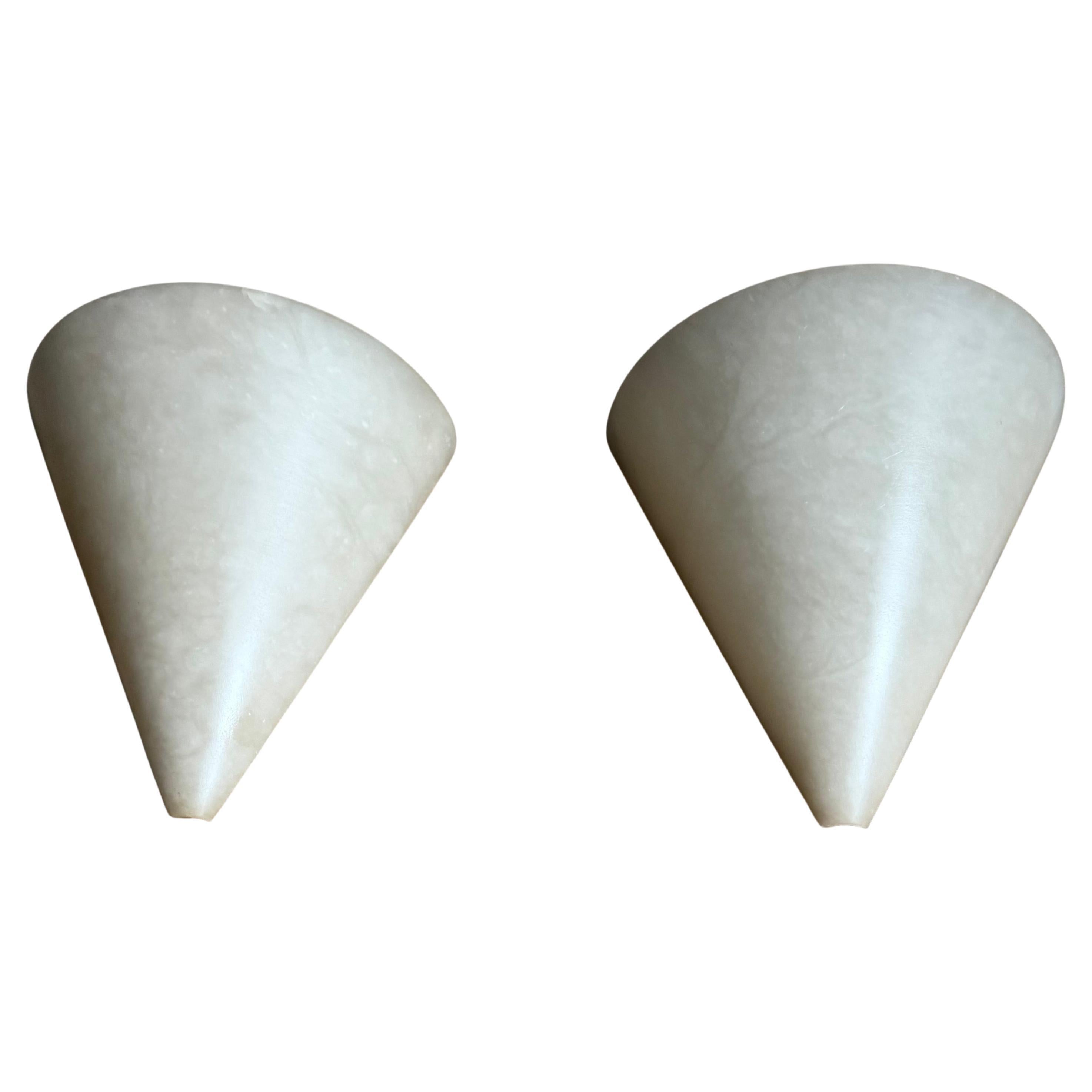 Rare Pair Midcentury Modern, Art Deco Style Cone-Shaped Alabaster Wall Sconces
