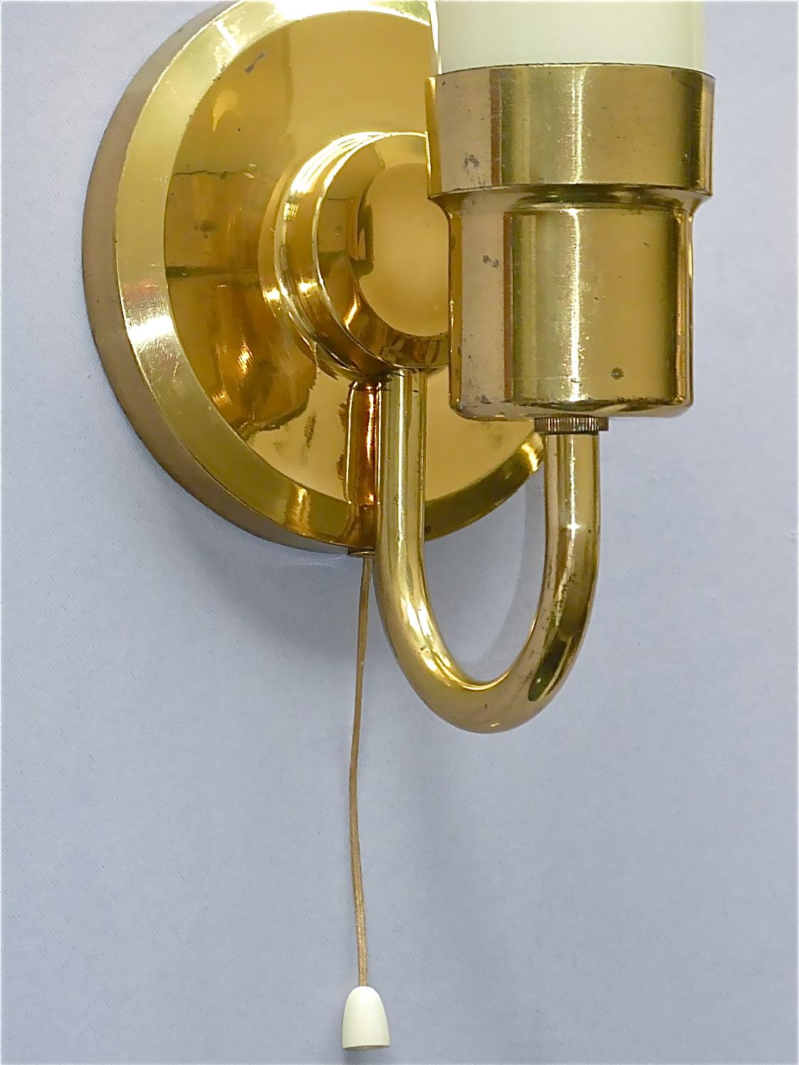 Rare Pair Midcentury Sconces Tynell Style 1950s Yellow Candle Tube Glass Brass For Sale 4