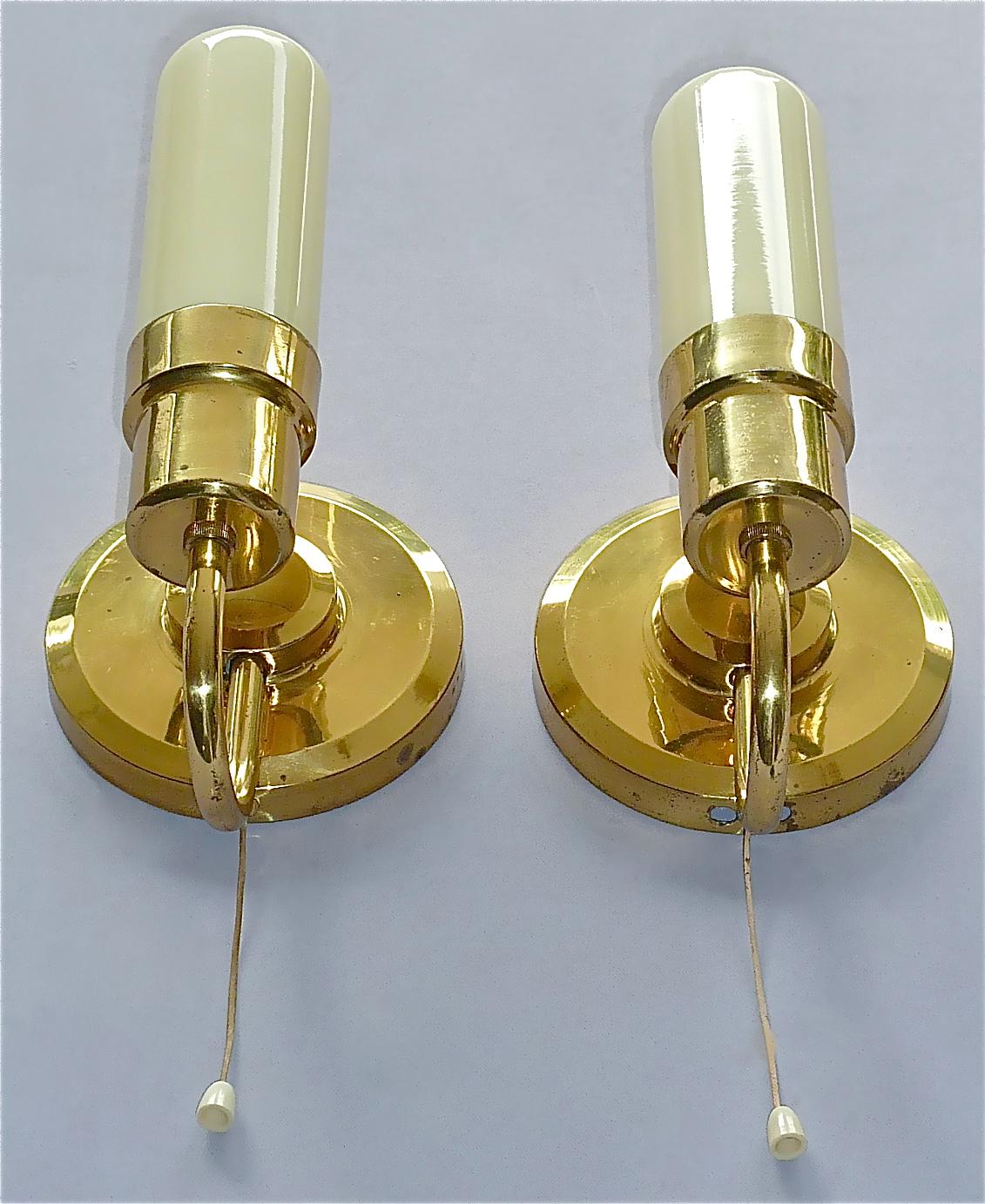 Rare Pair Midcentury Sconces Tynell Style 1950s Yellow Candle Tube Glass Brass For Sale 8