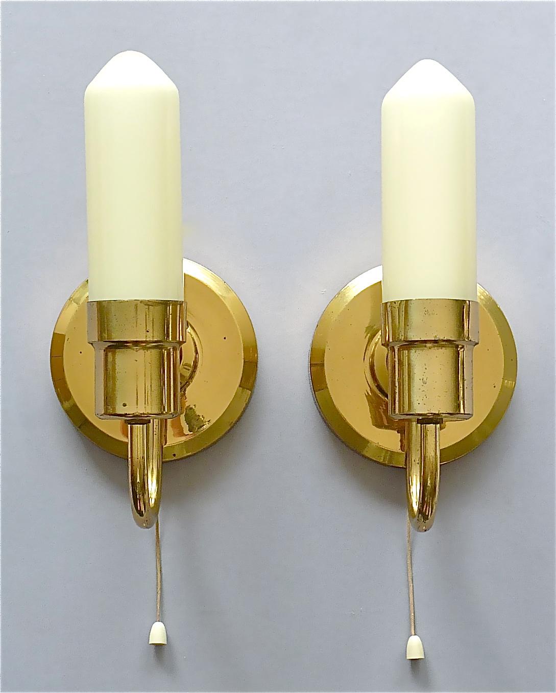 Mid-Century Modern Rare Pair Midcentury Sconces Tynell Style 1950s Yellow Candle Tube Glass Brass For Sale