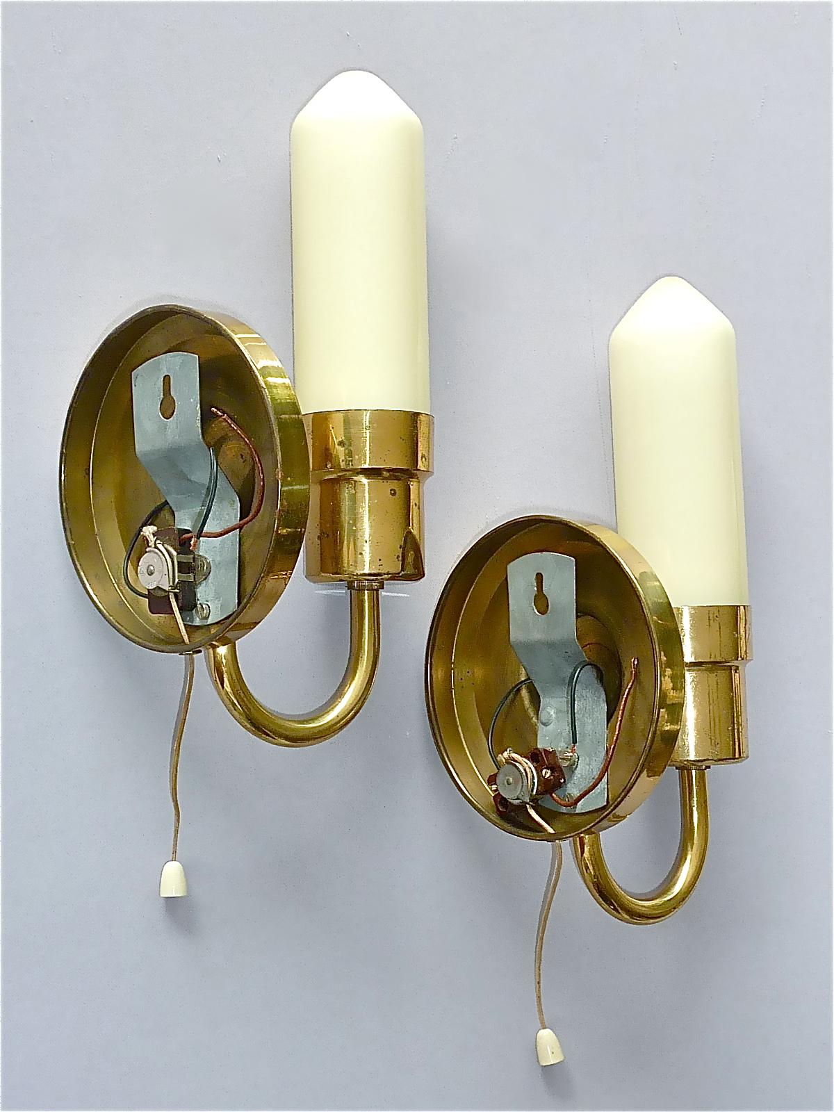Austrian Rare Pair Midcentury Sconces Tynell Style 1950s Yellow Candle Tube Glass Brass For Sale